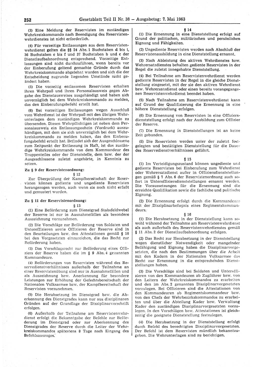 Gesetzblatt (GBl.) der Deutschen Demokratischen Republik (DDR) Teil ⅠⅠ 1963, Seite 252 (GBl. DDR ⅠⅠ 1963, S. 252)