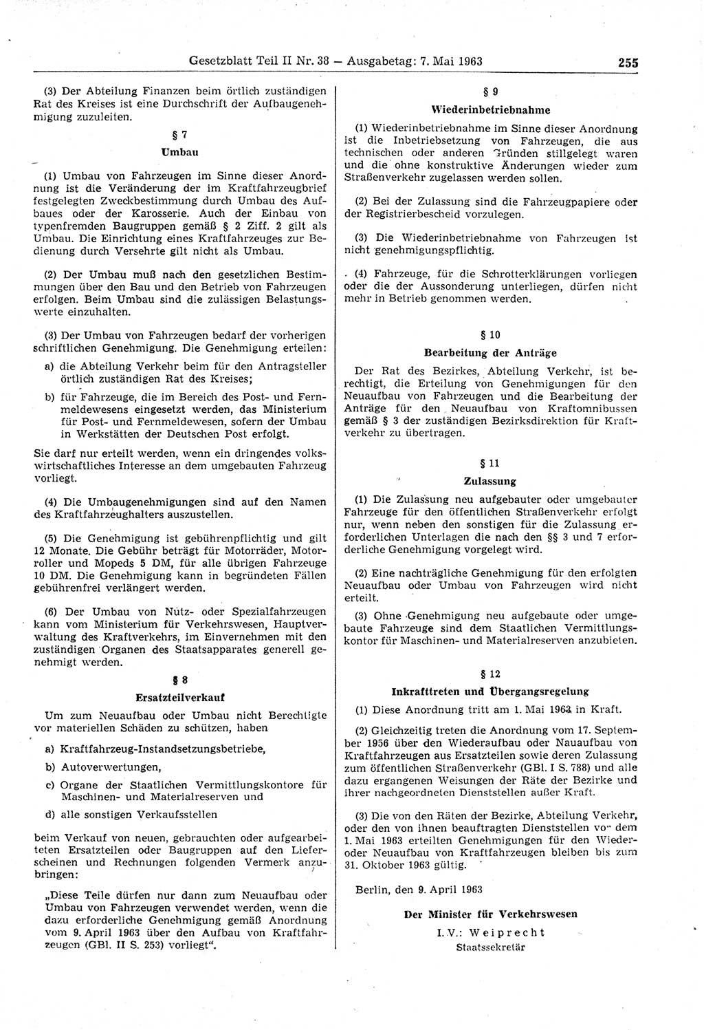 Gesetzblatt (GBl.) der Deutschen Demokratischen Republik (DDR) Teil ⅠⅠ 1963, Seite 255 (GBl. DDR ⅠⅠ 1963, S. 255)