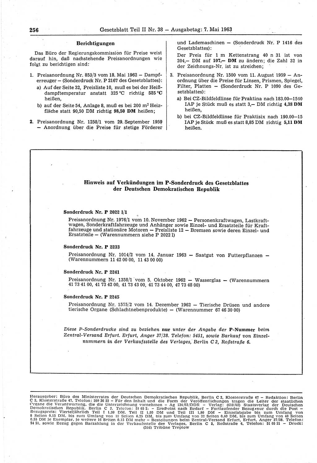 Gesetzblatt (GBl.) der Deutschen Demokratischen Republik (DDR) Teil ⅠⅠ 1963, Seite 256 (GBl. DDR ⅠⅠ 1963, S. 256)