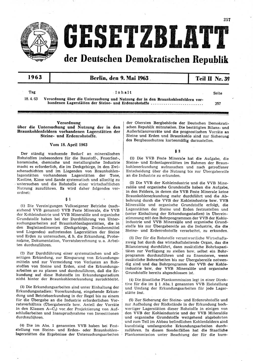 Gesetzblatt (GBl.) der Deutschen Demokratischen Republik (DDR) Teil ⅠⅠ 1963, Seite 257 (GBl. DDR ⅠⅠ 1963, S. 257)
