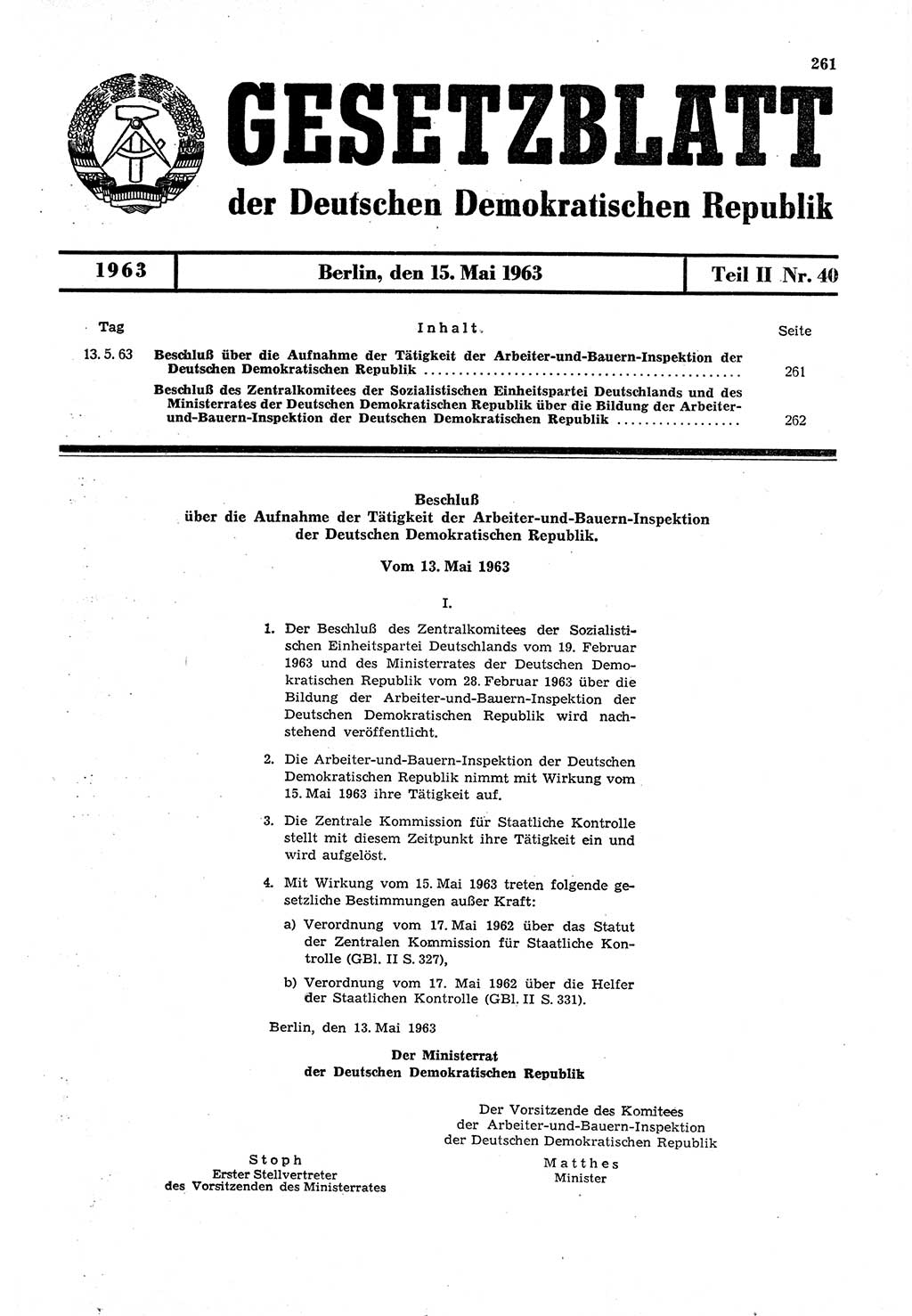 Gesetzblatt (GBl.) der Deutschen Demokratischen Republik (DDR) Teil ⅠⅠ 1963, Seite 261 (GBl. DDR ⅠⅠ 1963, S. 261)