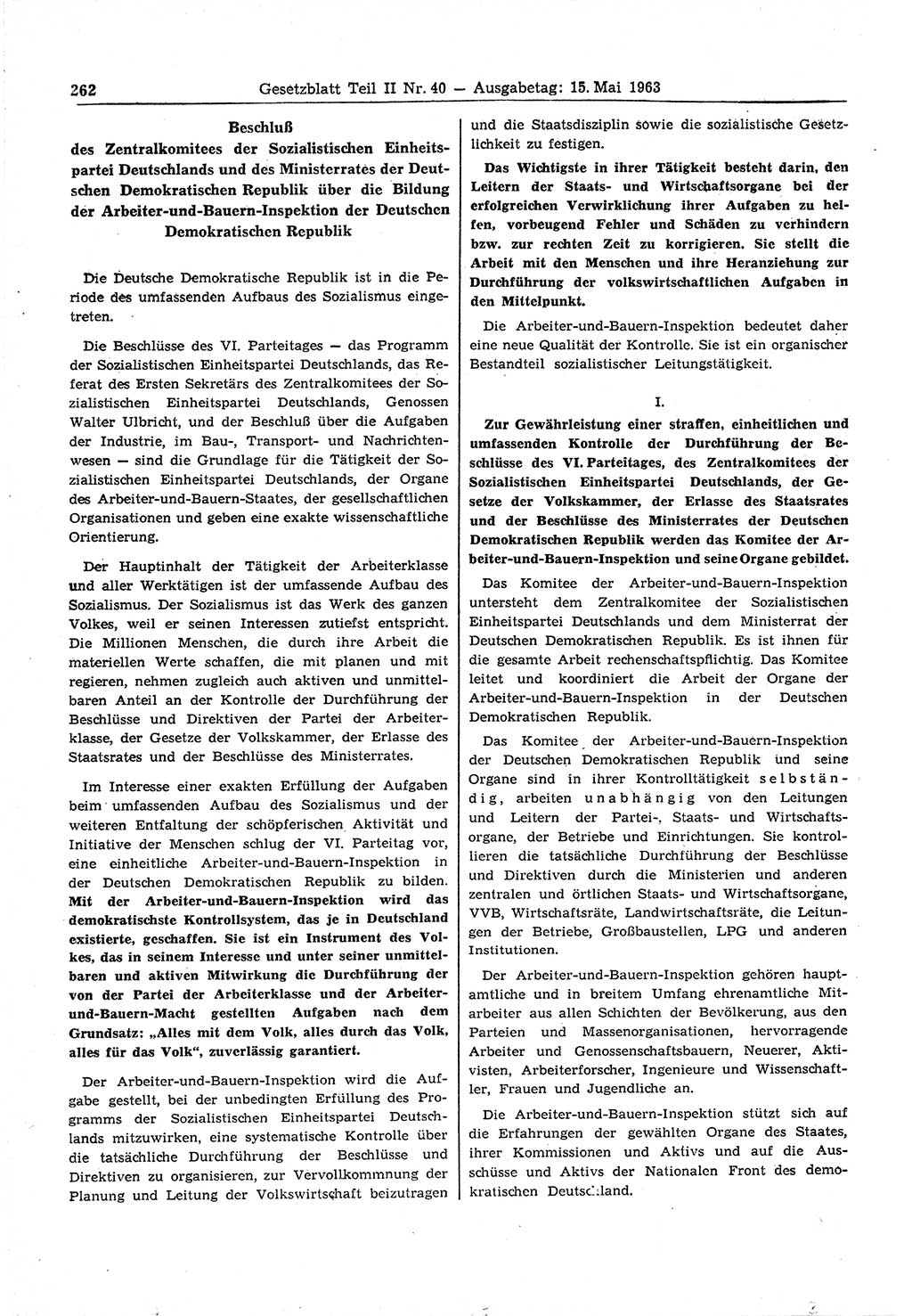 Gesetzblatt (GBl.) der Deutschen Demokratischen Republik (DDR) Teil ⅠⅠ 1963, Seite 262 (GBl. DDR ⅠⅠ 1963, S. 262)