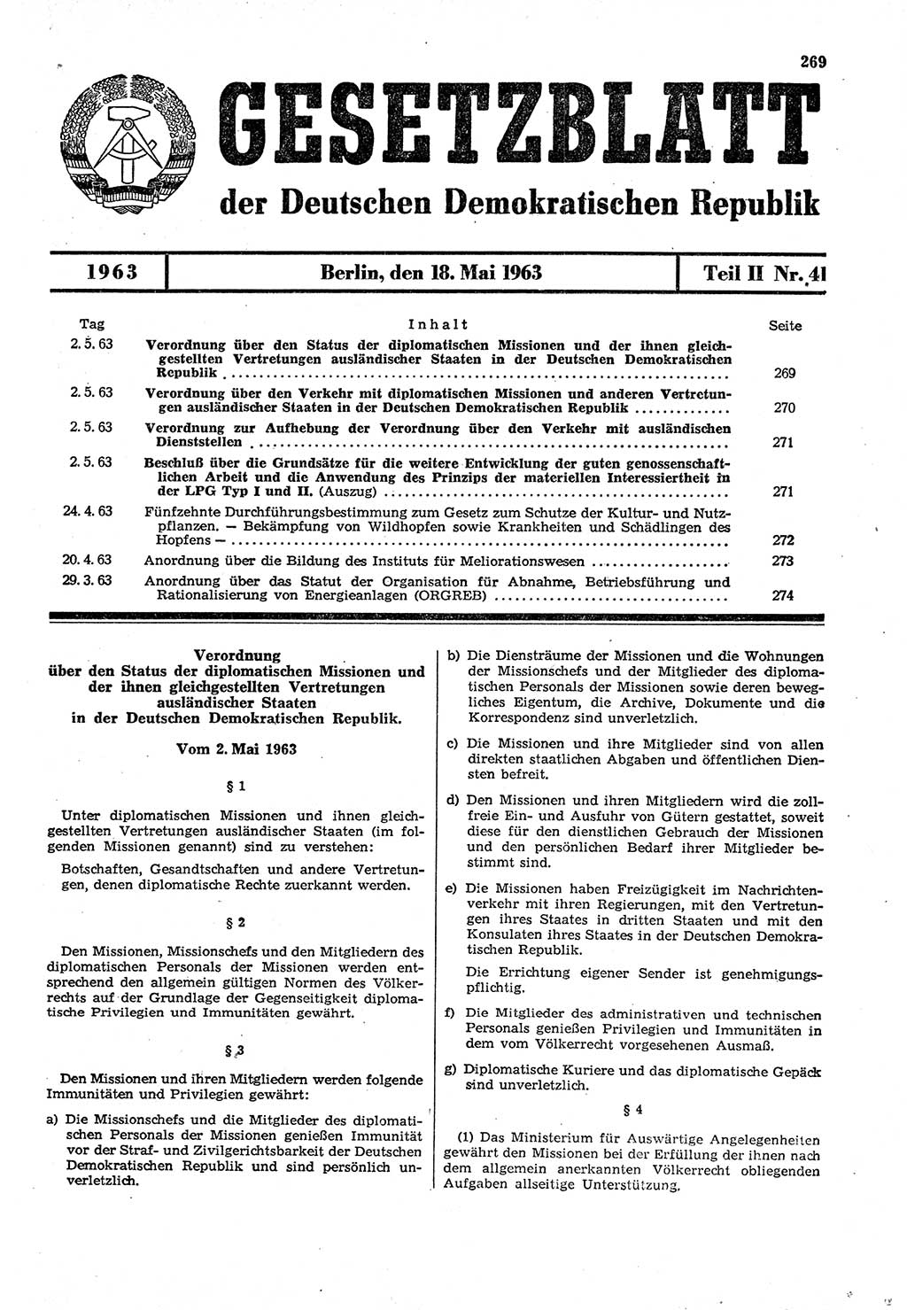 Gesetzblatt (GBl.) der Deutschen Demokratischen Republik (DDR) Teil ⅠⅠ 1963, Seite 269 (GBl. DDR ⅠⅠ 1963, S. 269)
