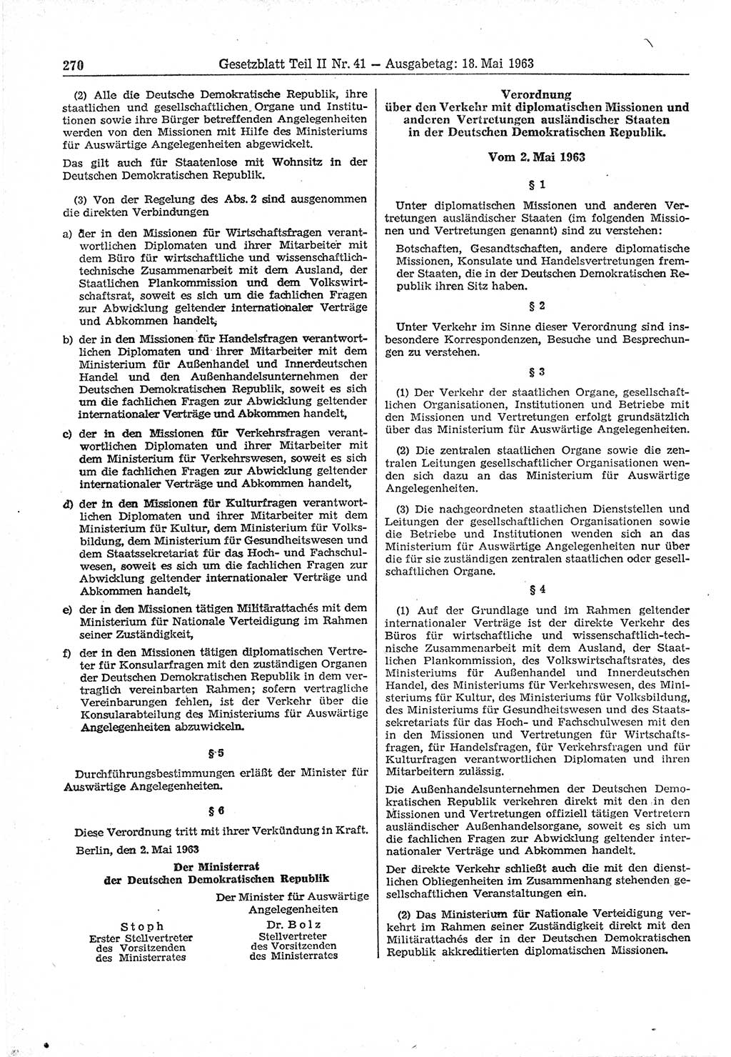 Gesetzblatt (GBl.) der Deutschen Demokratischen Republik (DDR) Teil ⅠⅠ 1963, Seite 270 (GBl. DDR ⅠⅠ 1963, S. 270)