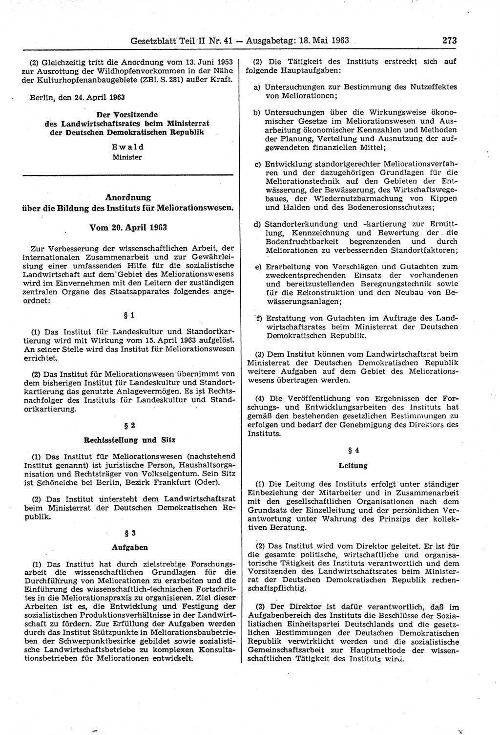 Gesetzblatt (GBl.) der Deutschen Demokratischen Republik (DDR) Teil ⅠⅠ 1963, Seite 273 (GBl. DDR ⅠⅠ 1963, S. 273)