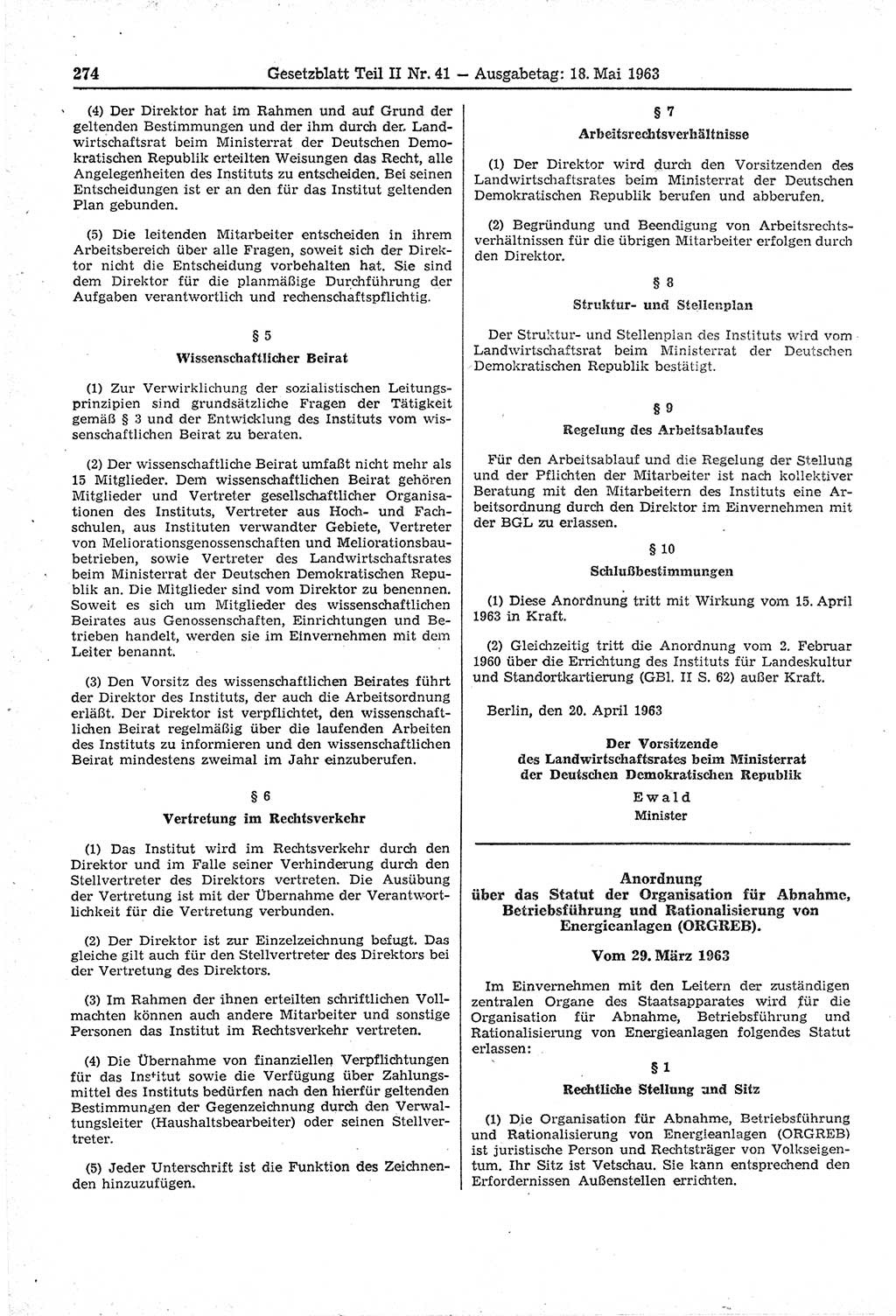 Gesetzblatt (GBl.) der Deutschen Demokratischen Republik (DDR) Teil ⅠⅠ 1963, Seite 274 (GBl. DDR ⅠⅠ 1963, S. 274)