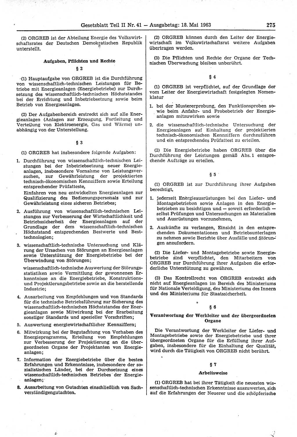 Gesetzblatt (GBl.) der Deutschen Demokratischen Republik (DDR) Teil ⅠⅠ 1963, Seite 275 (GBl. DDR ⅠⅠ 1963, S. 275)