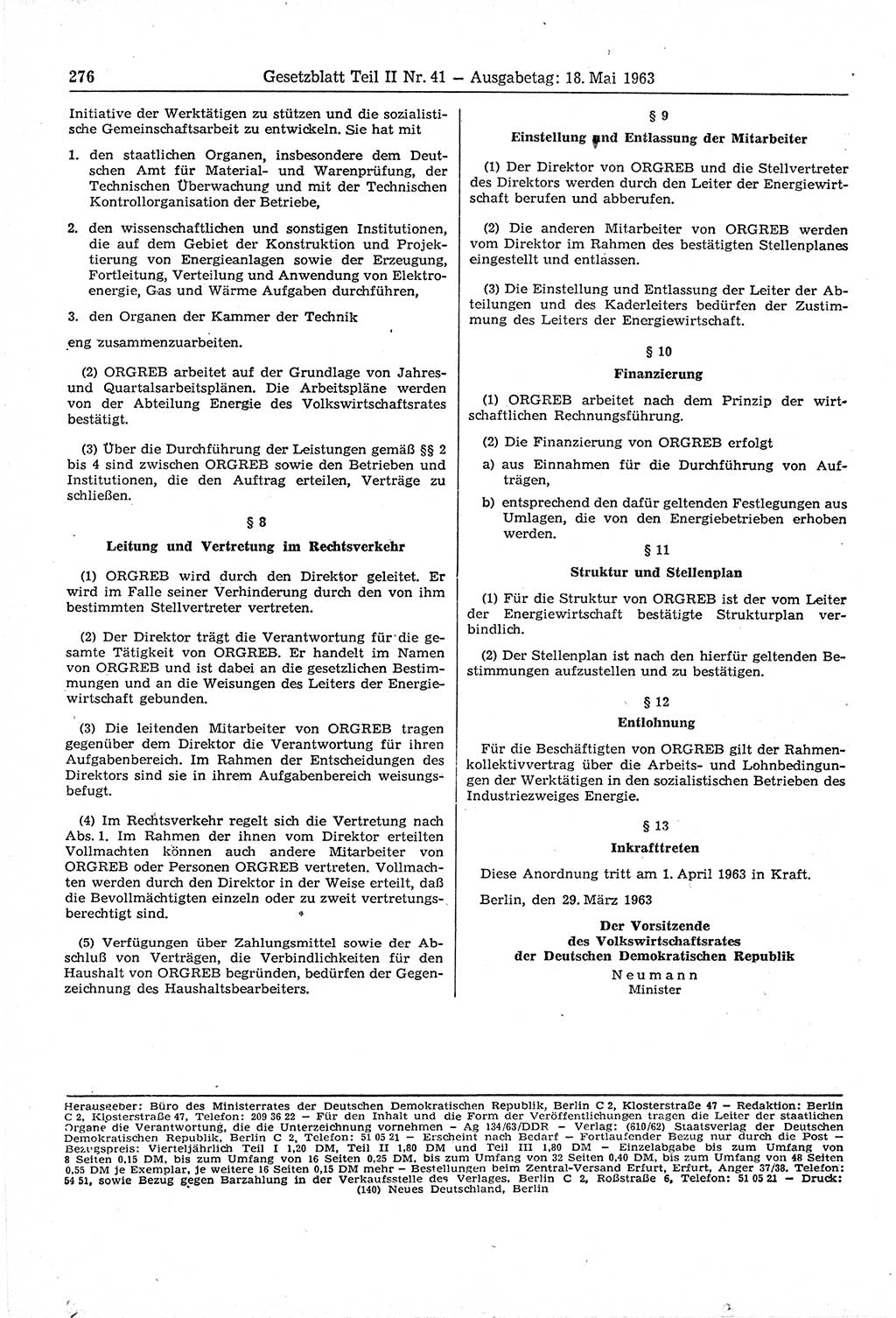 Gesetzblatt (GBl.) der Deutschen Demokratischen Republik (DDR) Teil ⅠⅠ 1963, Seite 276 (GBl. DDR ⅠⅠ 1963, S. 276)