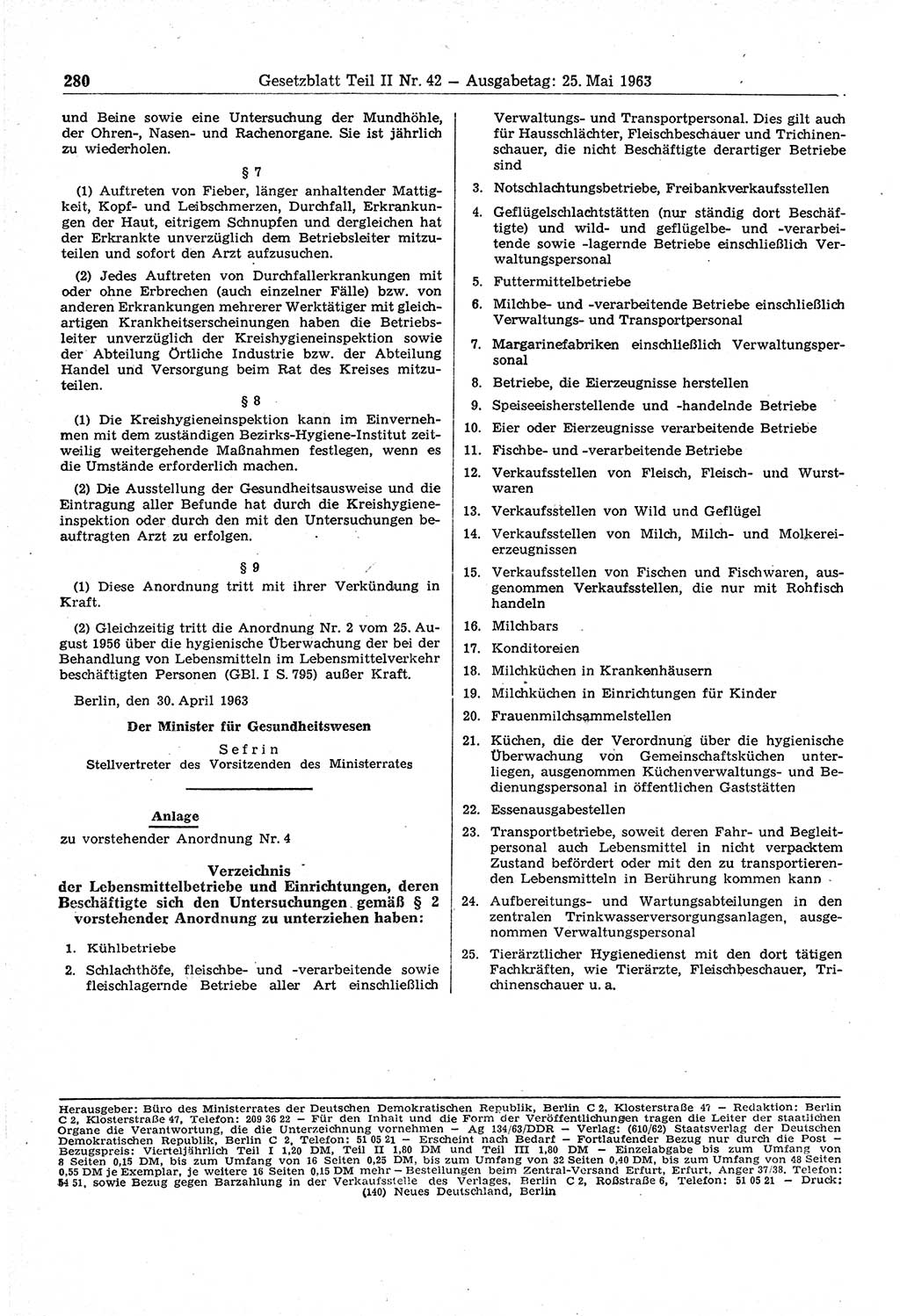 Gesetzblatt (GBl.) der Deutschen Demokratischen Republik (DDR) Teil ⅠⅠ 1963, Seite 280 (GBl. DDR ⅠⅠ 1963, S. 280)