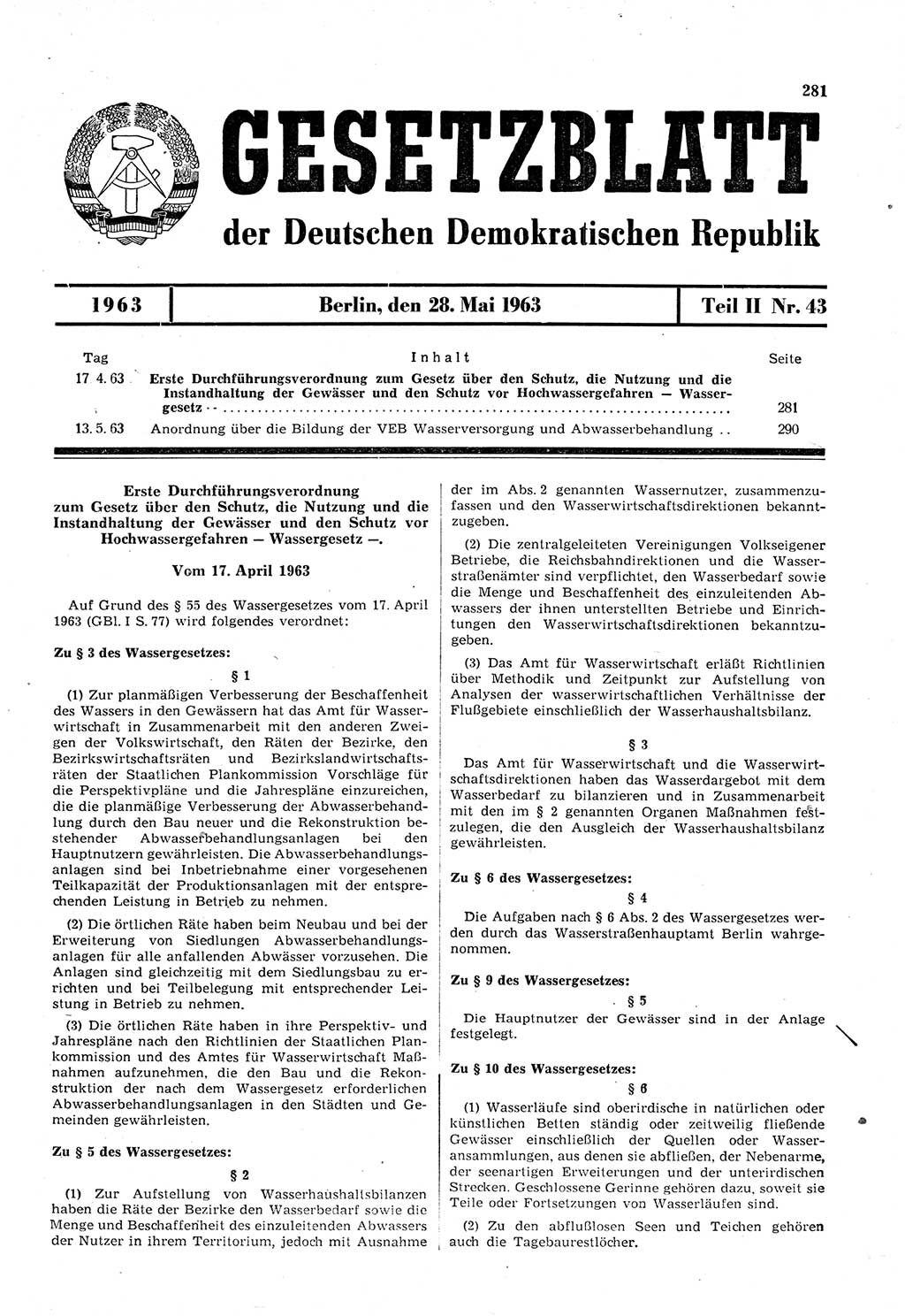 Gesetzblatt (GBl.) der Deutschen Demokratischen Republik (DDR) Teil ⅠⅠ 1963, Seite 281 (GBl. DDR ⅠⅠ 1963, S. 281)