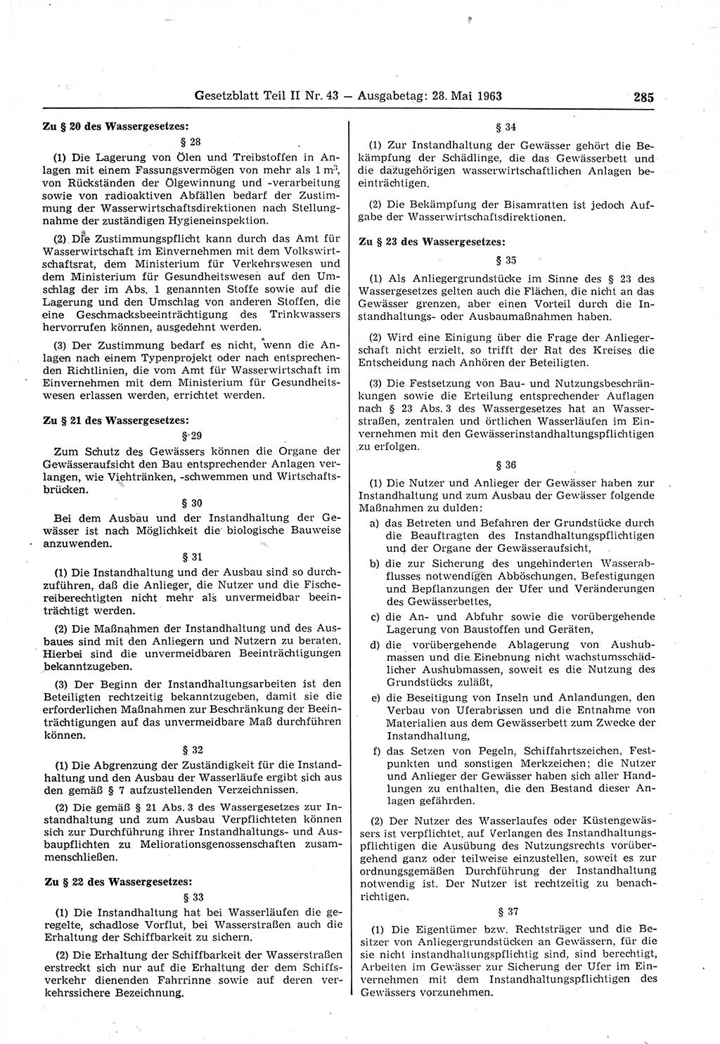 Gesetzblatt (GBl.) der Deutschen Demokratischen Republik (DDR) Teil ⅠⅠ 1963, Seite 285 (GBl. DDR ⅠⅠ 1963, S. 285)