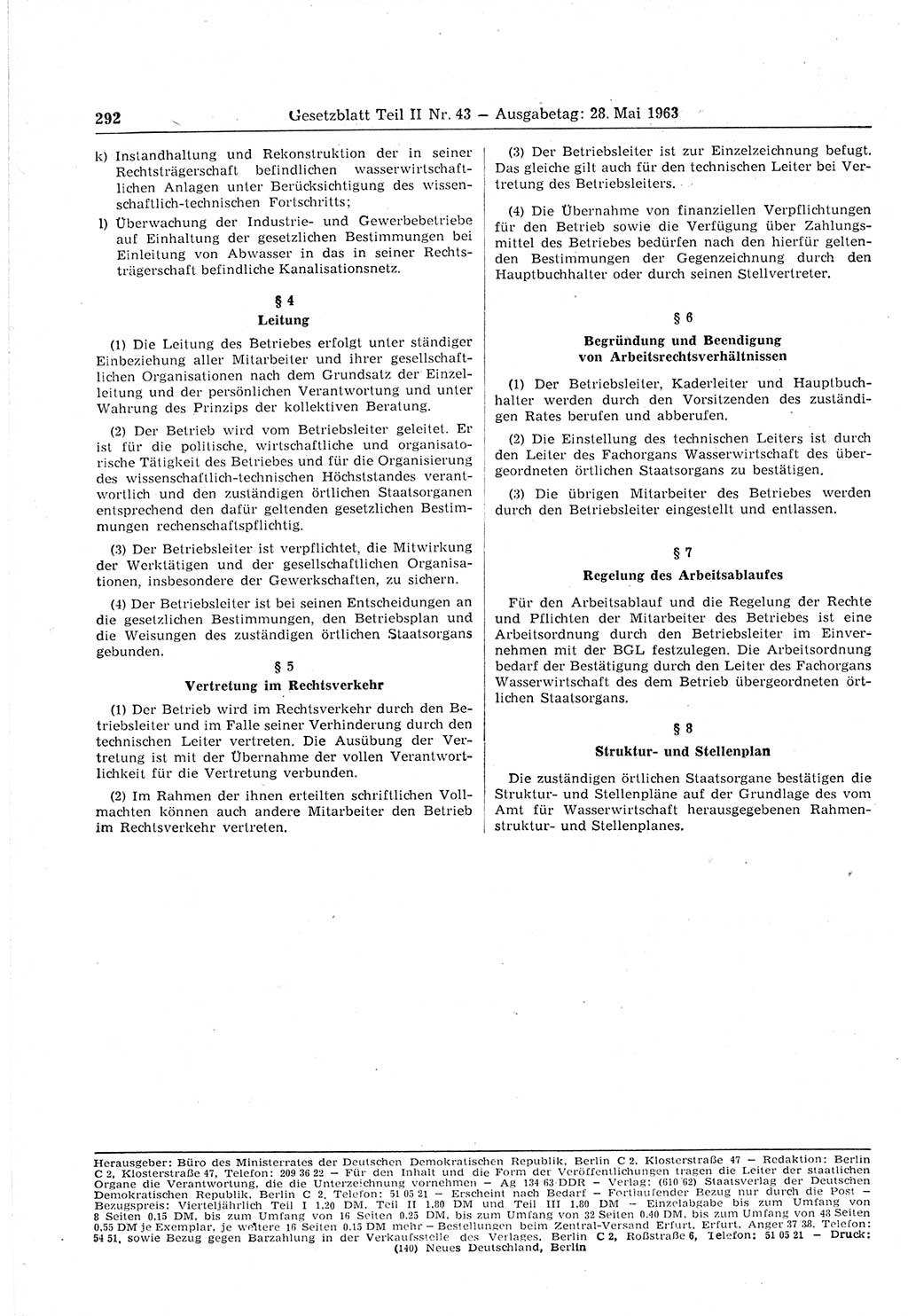 Gesetzblatt (GBl.) der Deutschen Demokratischen Republik (DDR) Teil ⅠⅠ 1963, Seite 292 (GBl. DDR ⅠⅠ 1963, S. 292)