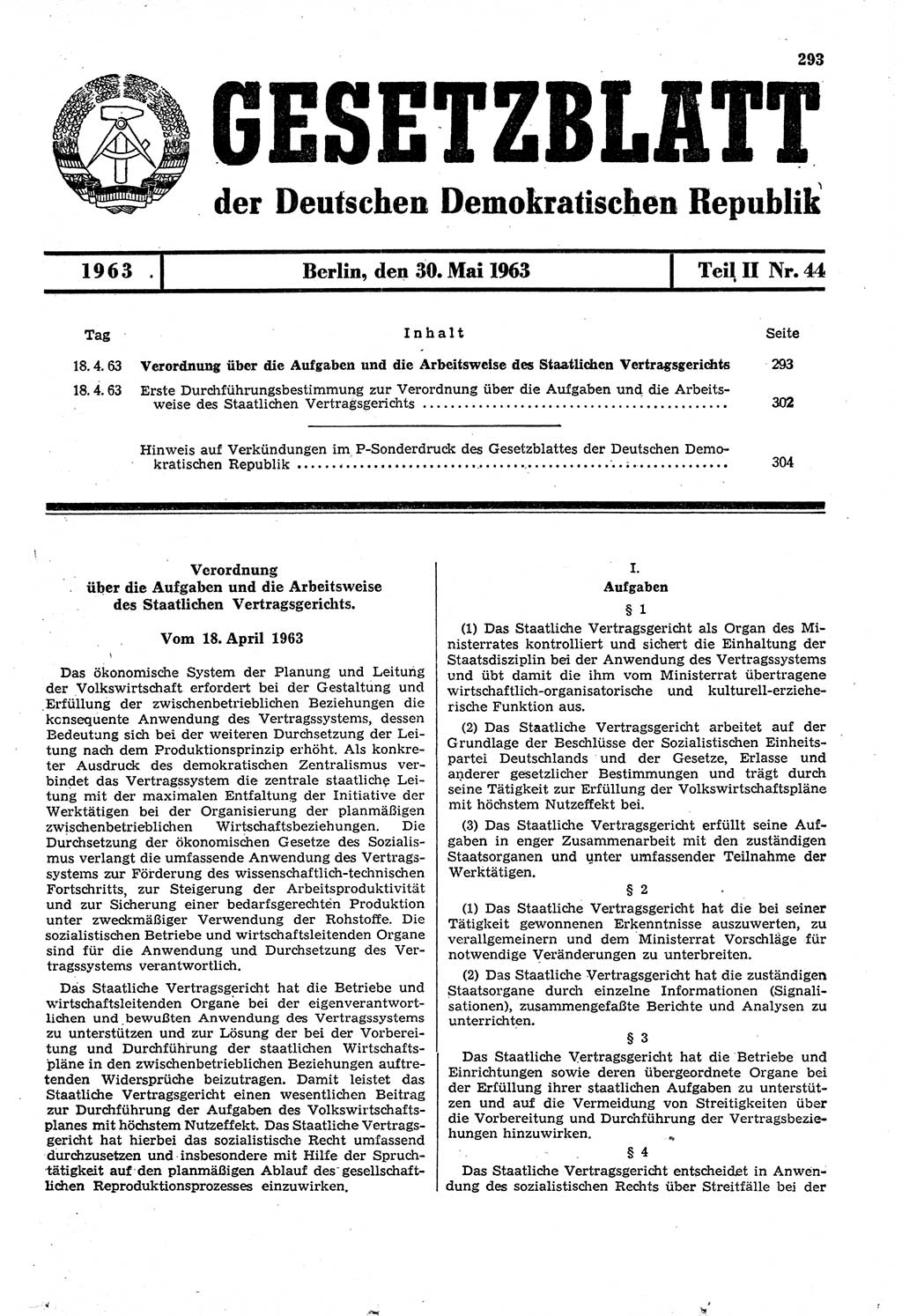 Gesetzblatt (GBl.) der Deutschen Demokratischen Republik (DDR) Teil ⅠⅠ 1963, Seite 293 (GBl. DDR ⅠⅠ 1963, S. 293)