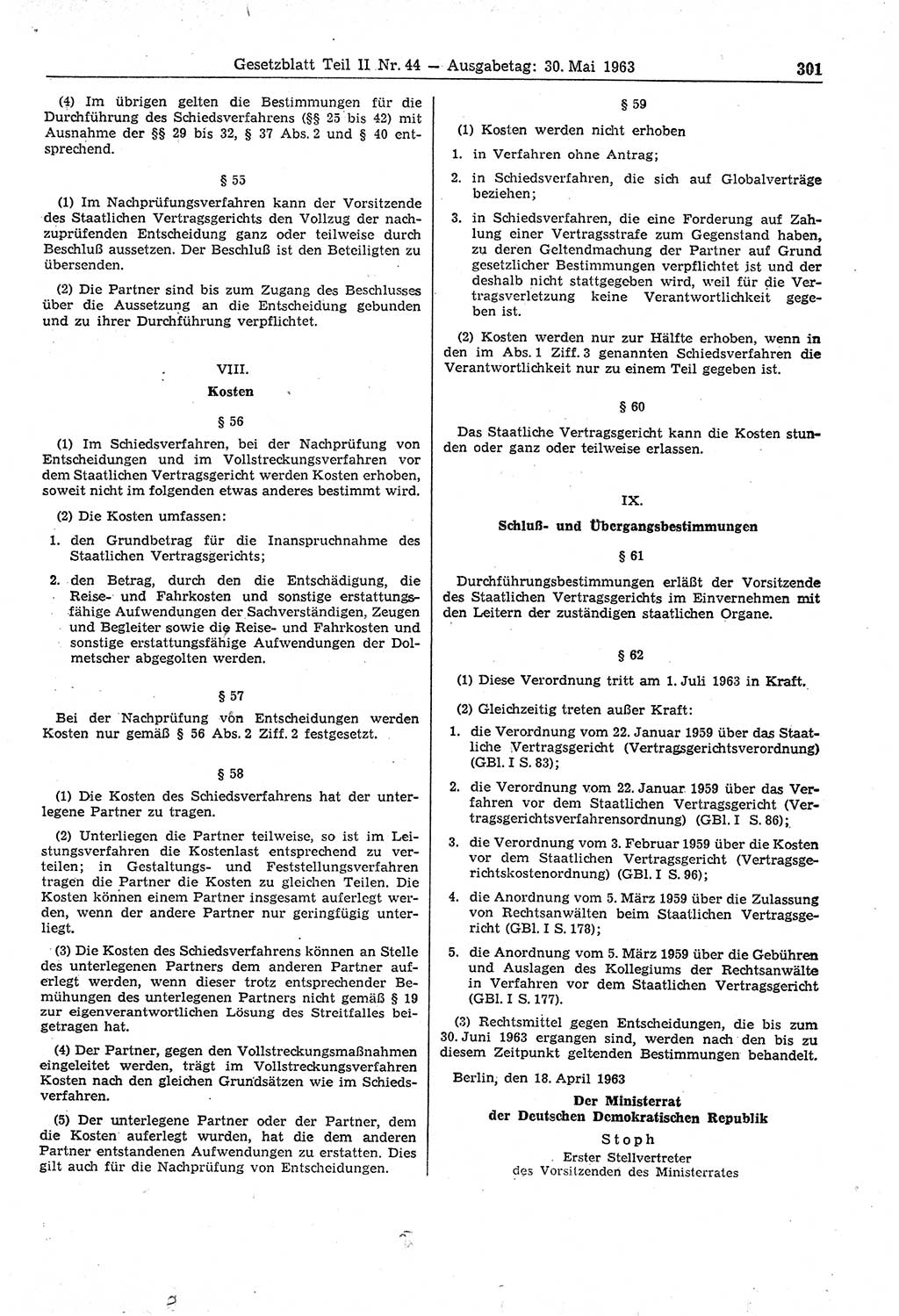 Gesetzblatt (GBl.) der Deutschen Demokratischen Republik (DDR) Teil ⅠⅠ 1963, Seite 301 (GBl. DDR ⅠⅠ 1963, S. 301)