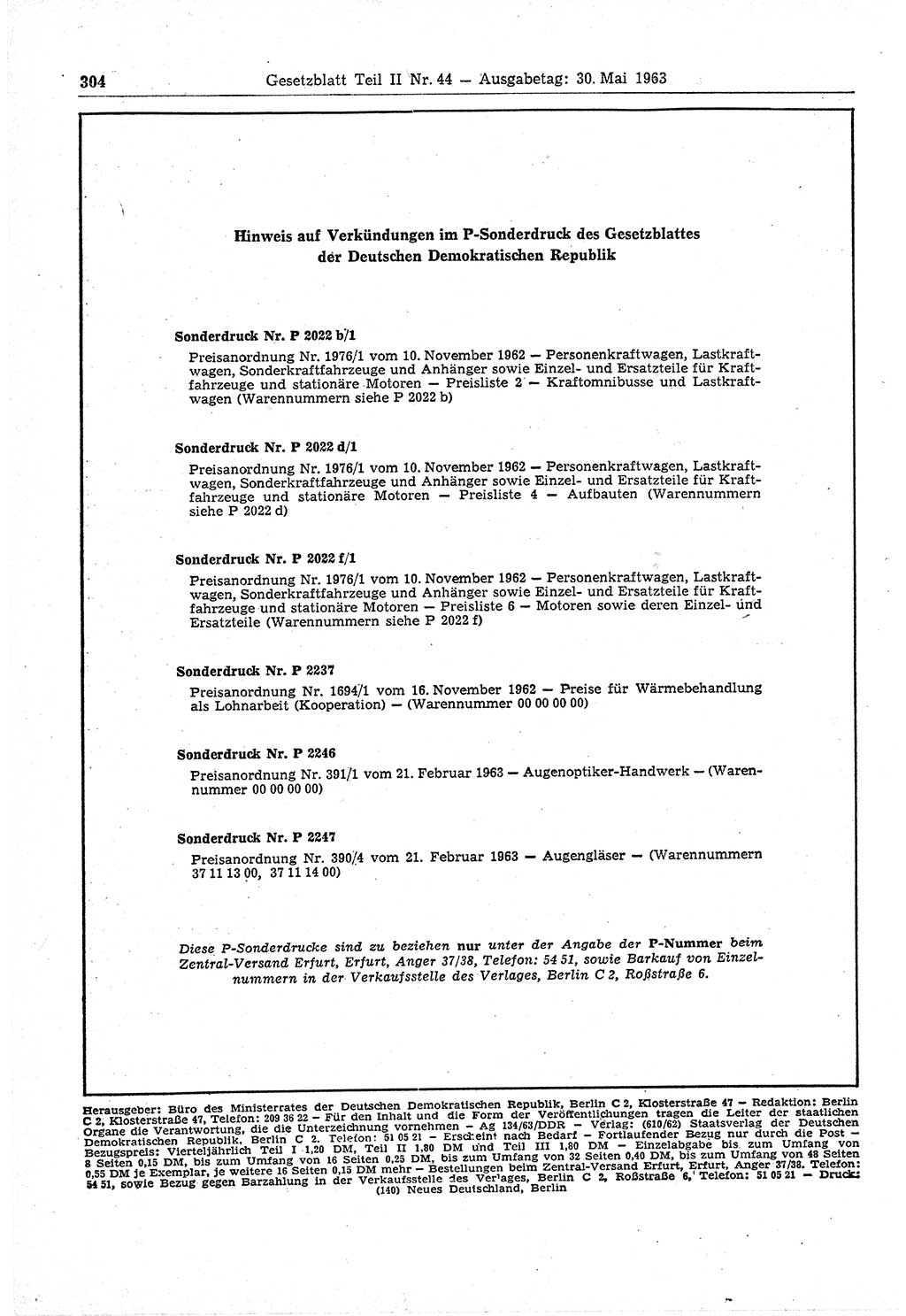 Gesetzblatt (GBl.) der Deutschen Demokratischen Republik (DDR) Teil ⅠⅠ 1963, Seite 304 (GBl. DDR ⅠⅠ 1963, S. 304)