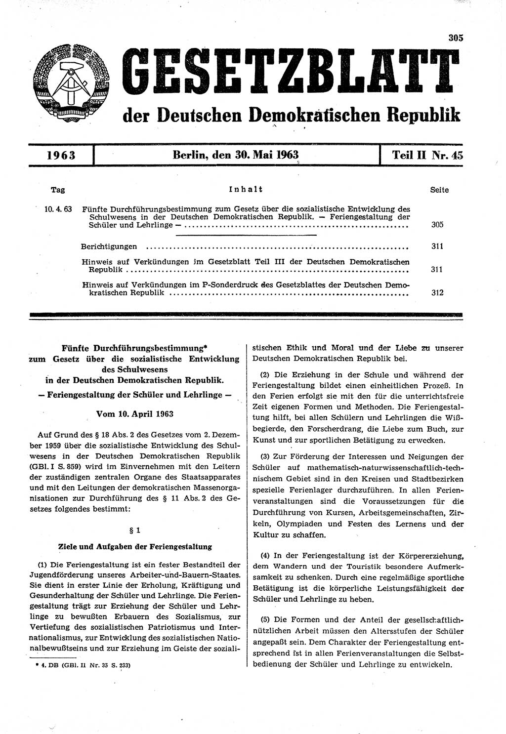 Gesetzblatt (GBl.) der Deutschen Demokratischen Republik (DDR) Teil ⅠⅠ 1963, Seite 305 (GBl. DDR ⅠⅠ 1963, S. 305)