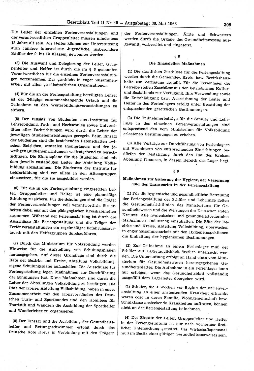 Gesetzblatt (GBl.) der Deutschen Demokratischen Republik (DDR) Teil ⅠⅠ 1963, Seite 309 (GBl. DDR ⅠⅠ 1963, S. 309)