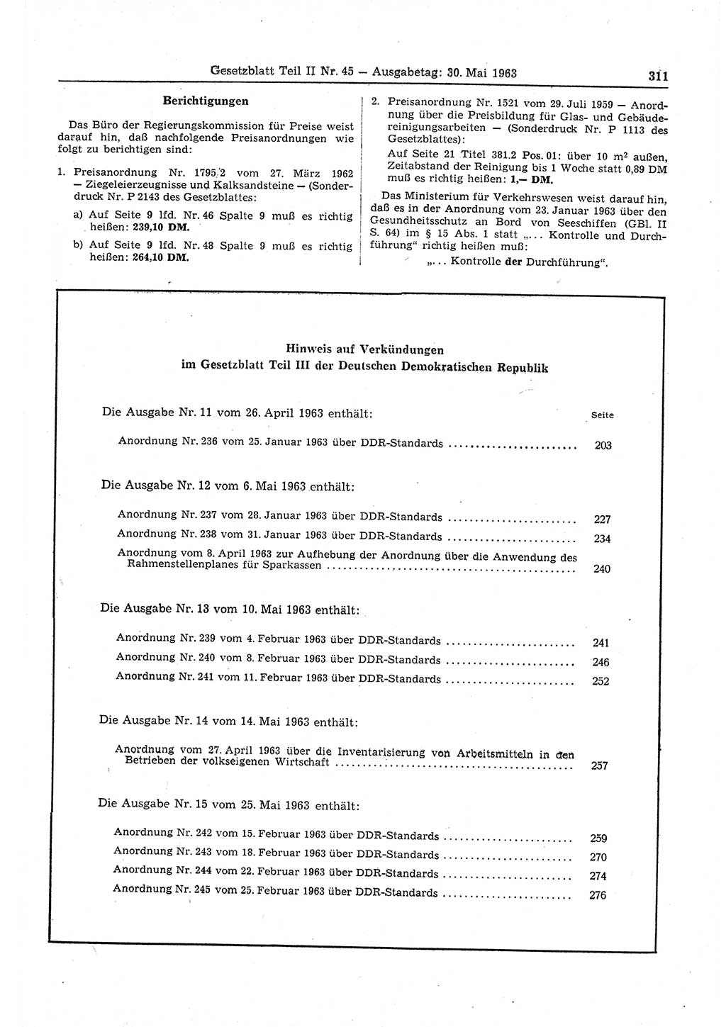 Gesetzblatt (GBl.) der Deutschen Demokratischen Republik (DDR) Teil ⅠⅠ 1963, Seite 311 (GBl. DDR ⅠⅠ 1963, S. 311)