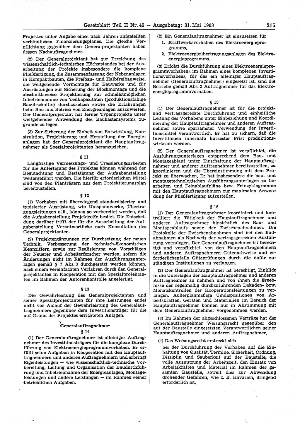 Gesetzblatt (GBl.) der Deutschen Demokratischen Republik (DDR) Teil ⅠⅠ 1963, Seite 315 (GBl. DDR ⅠⅠ 1963, S. 315)