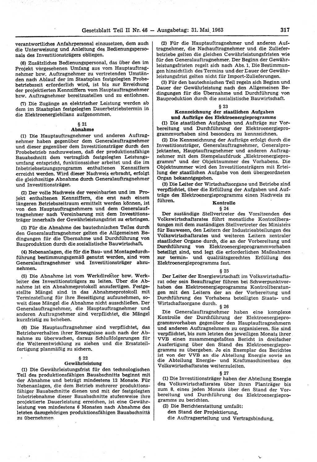 Gesetzblatt (GBl.) der Deutschen Demokratischen Republik (DDR) Teil ⅠⅠ 1963, Seite 317 (GBl. DDR ⅠⅠ 1963, S. 317)