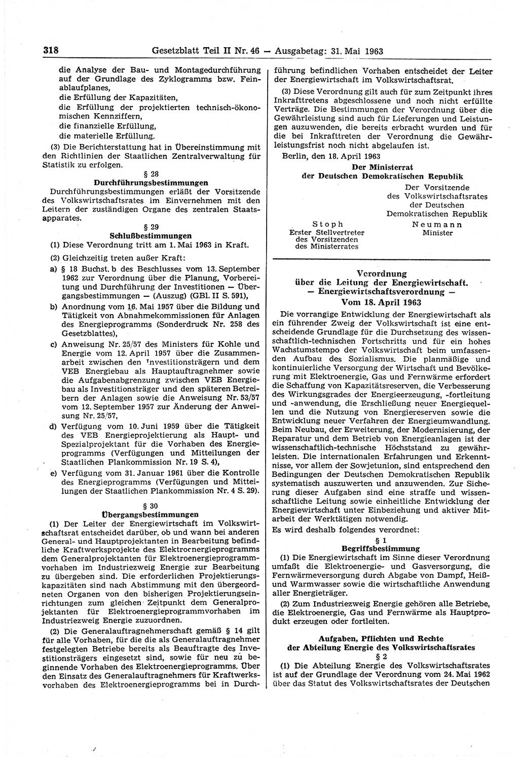 Gesetzblatt (GBl.) der Deutschen Demokratischen Republik (DDR) Teil ⅠⅠ 1963, Seite 318 (GBl. DDR ⅠⅠ 1963, S. 318)
