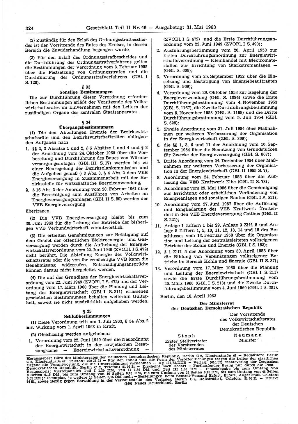 Gesetzblatt (GBl.) der Deutschen Demokratischen Republik (DDR) Teil ⅠⅠ 1963, Seite 324 (GBl. DDR ⅠⅠ 1963, S. 324)