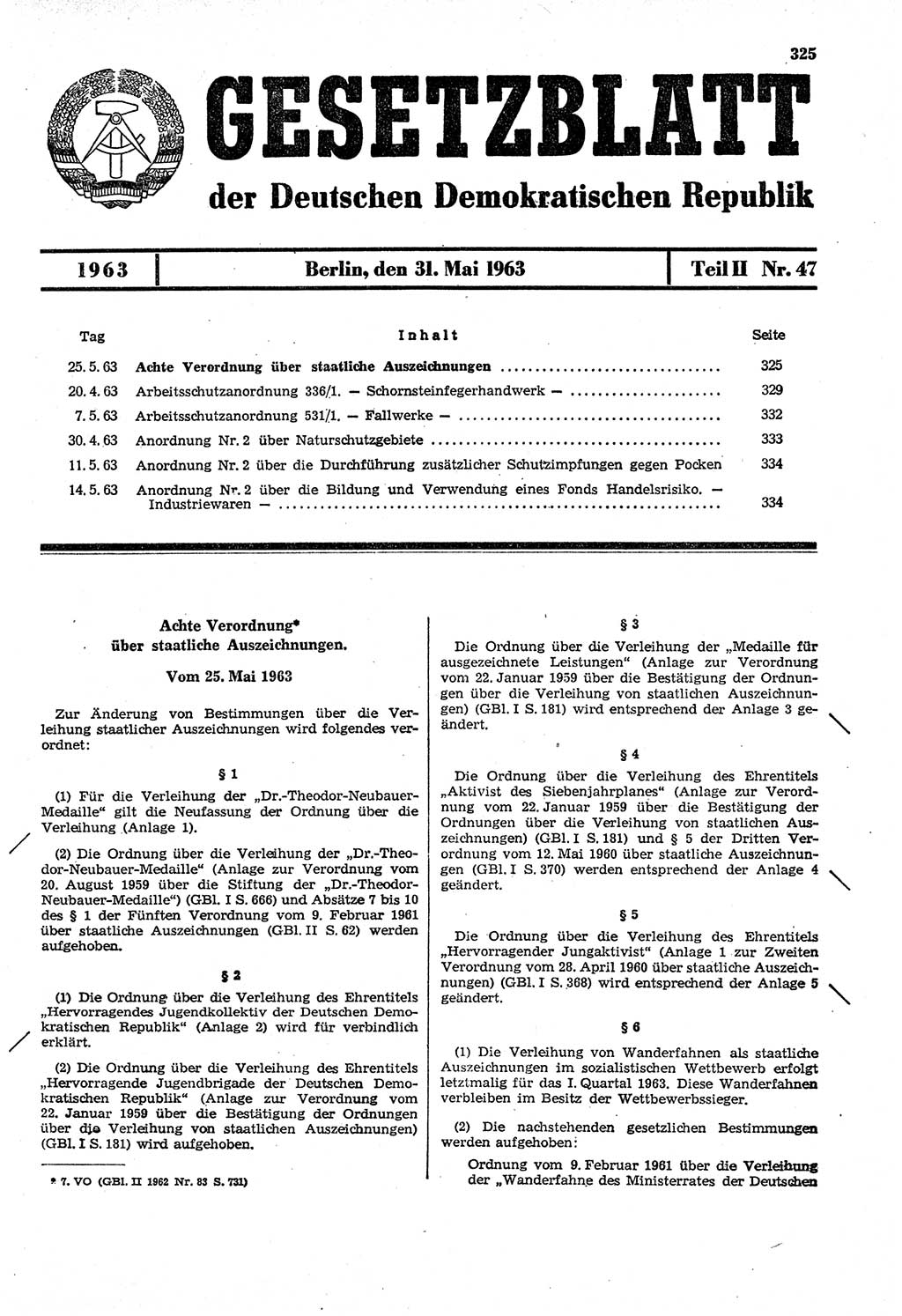 Gesetzblatt (GBl.) der Deutschen Demokratischen Republik (DDR) Teil ⅠⅠ 1963, Seite 325 (GBl. DDR ⅠⅠ 1963, S. 325)