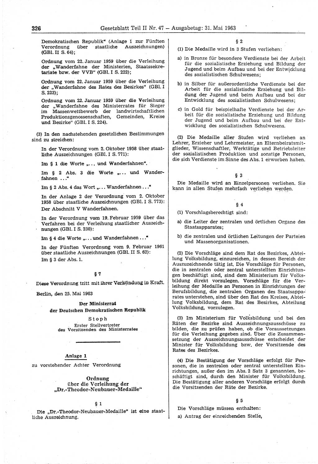 Gesetzblatt (GBl.) der Deutschen Demokratischen Republik (DDR) Teil ⅠⅠ 1963, Seite 326 (GBl. DDR ⅠⅠ 1963, S. 326)