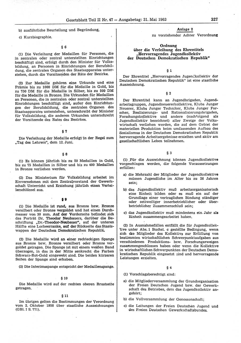 Gesetzblatt (GBl.) der Deutschen Demokratischen Republik (DDR) Teil ⅠⅠ 1963, Seite 327 (GBl. DDR ⅠⅠ 1963, S. 327)