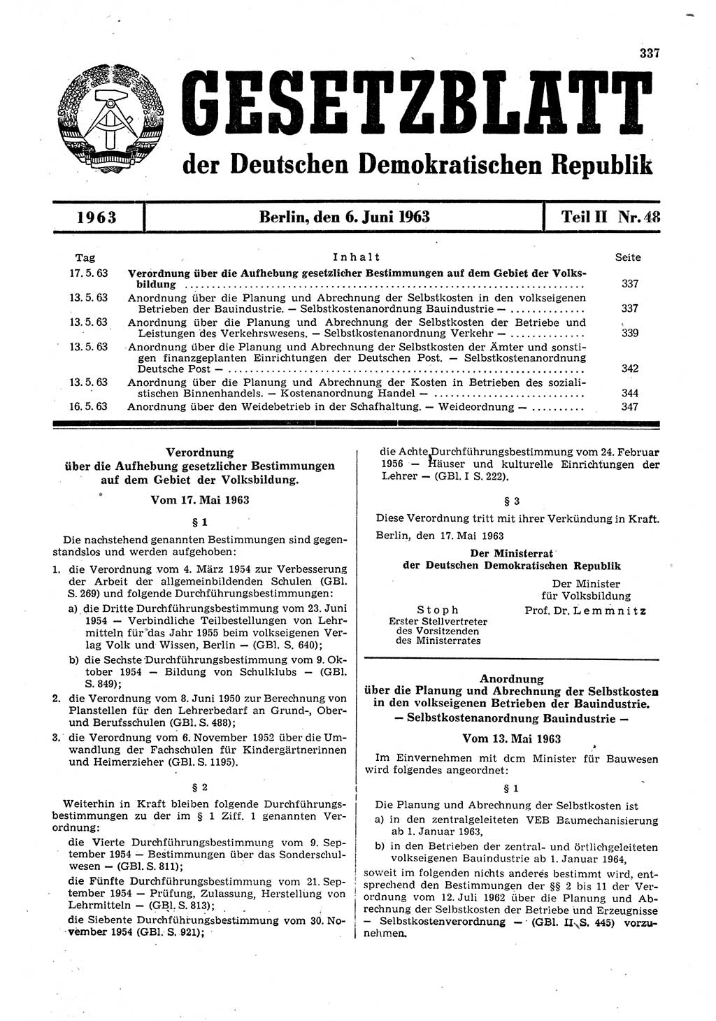Gesetzblatt (GBl.) der Deutschen Demokratischen Republik (DDR) Teil ⅠⅠ 1963, Seite 337 (GBl. DDR ⅠⅠ 1963, S. 337)