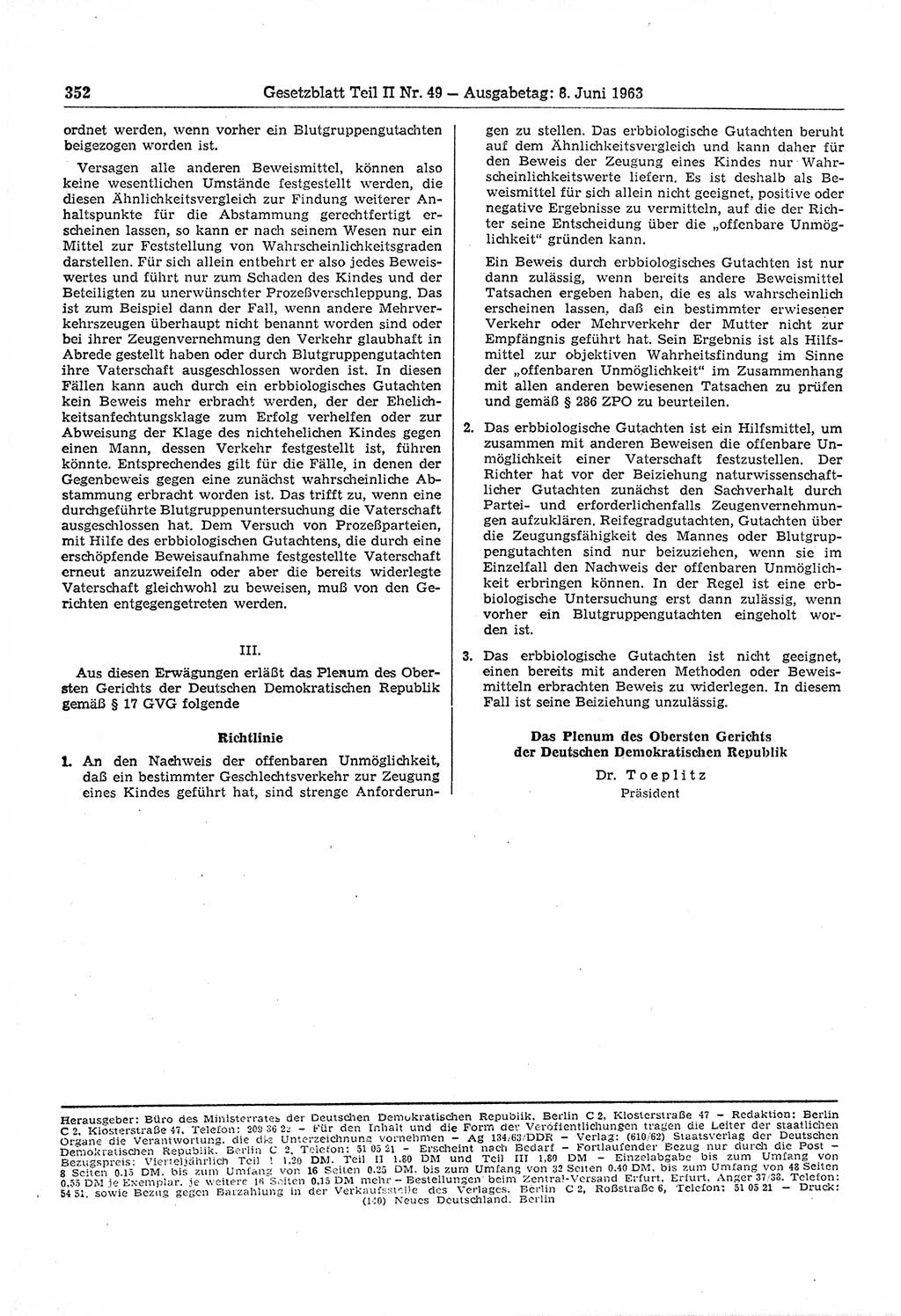 Gesetzblatt (GBl.) der Deutschen Demokratischen Republik (DDR) Teil ⅠⅠ 1963, Seite 352 (GBl. DDR ⅠⅠ 1963, S. 352)