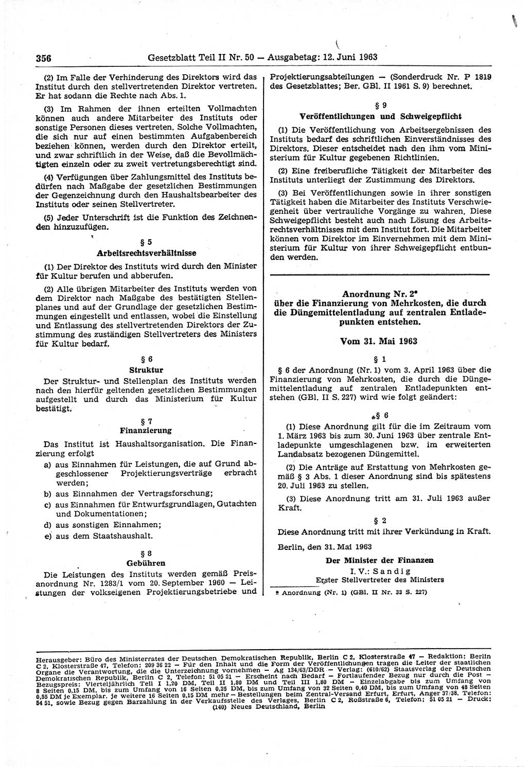 Gesetzblatt (GBl.) der Deutschen Demokratischen Republik (DDR) Teil ⅠⅠ 1963, Seite 356 (GBl. DDR ⅠⅠ 1963, S. 356)