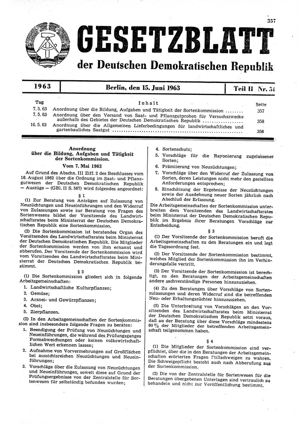 Gesetzblatt (GBl.) der Deutschen Demokratischen Republik (DDR) Teil ⅠⅠ 1963, Seite 357 (GBl. DDR ⅠⅠ 1963, S. 357)