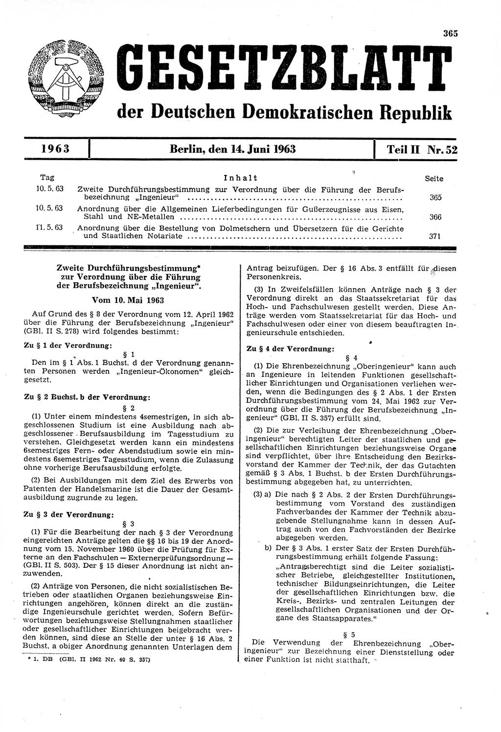 Gesetzblatt (GBl.) der Deutschen Demokratischen Republik (DDR) Teil ⅠⅠ 1963, Seite 365 (GBl. DDR ⅠⅠ 1963, S. 365)