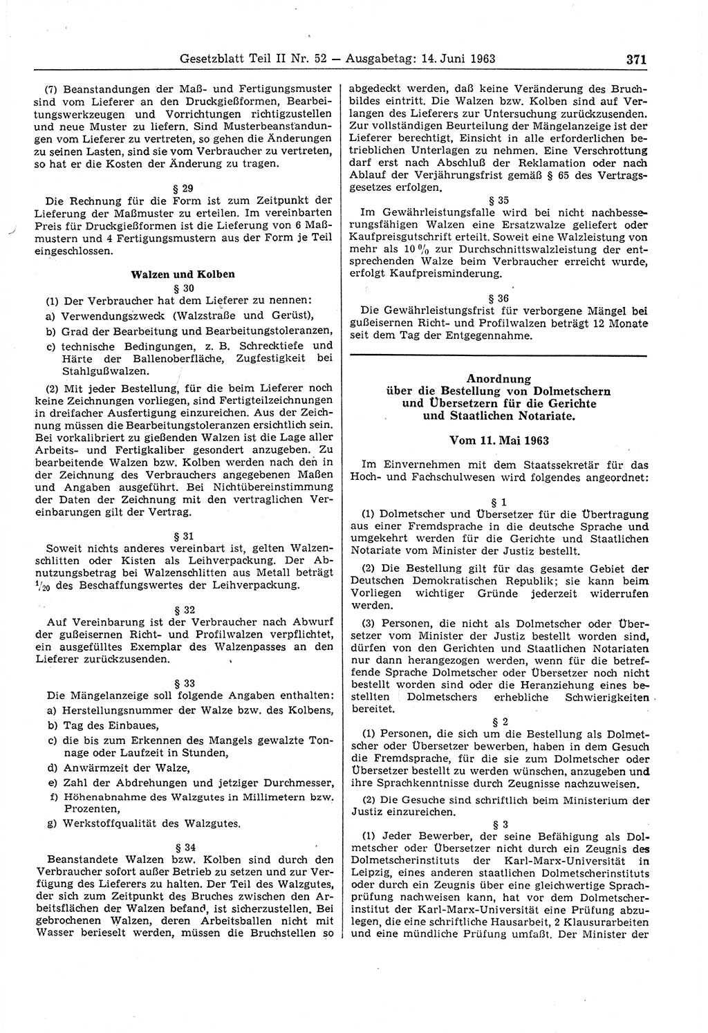 Gesetzblatt (GBl.) der Deutschen Demokratischen Republik (DDR) Teil ⅠⅠ 1963, Seite 371 (GBl. DDR ⅠⅠ 1963, S. 371)