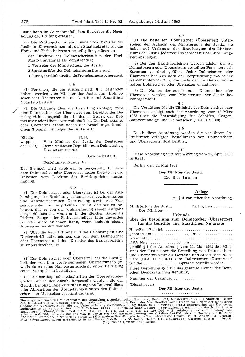 Gesetzblatt (GBl.) der Deutschen Demokratischen Republik (DDR) Teil ⅠⅠ 1963, Seite 372 (GBl. DDR ⅠⅠ 1963, S. 372)