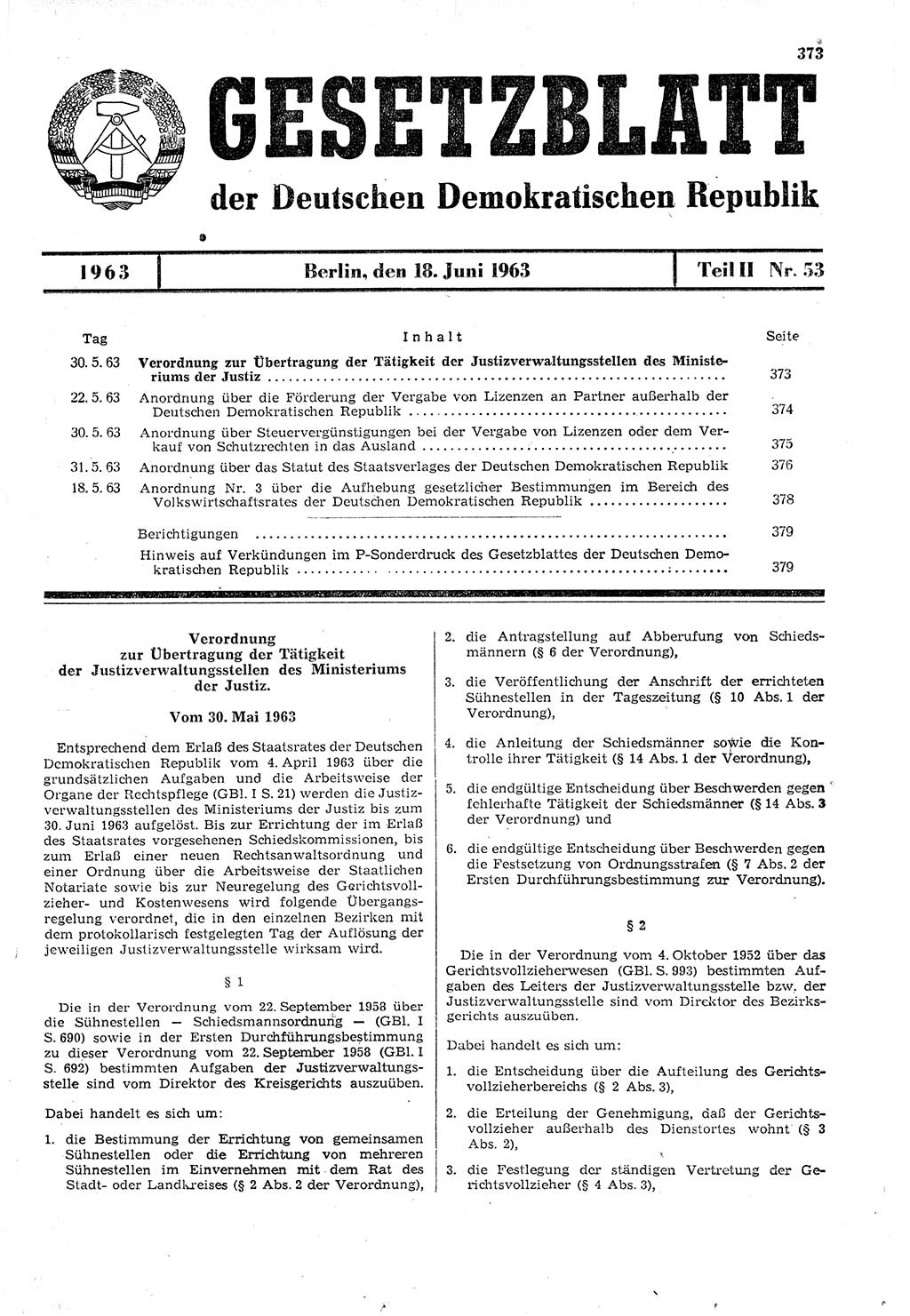 Gesetzblatt (GBl.) der Deutschen Demokratischen Republik (DDR) Teil ⅠⅠ 1963, Seite 373 (GBl. DDR ⅠⅠ 1963, S. 373)