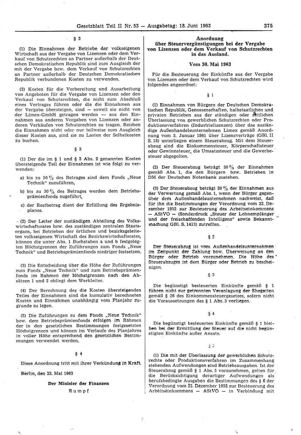 Gesetzblatt (GBl.) der Deutschen Demokratischen Republik (DDR) Teil ⅠⅠ 1963, Seite 375 (GBl. DDR ⅠⅠ 1963, S. 375)