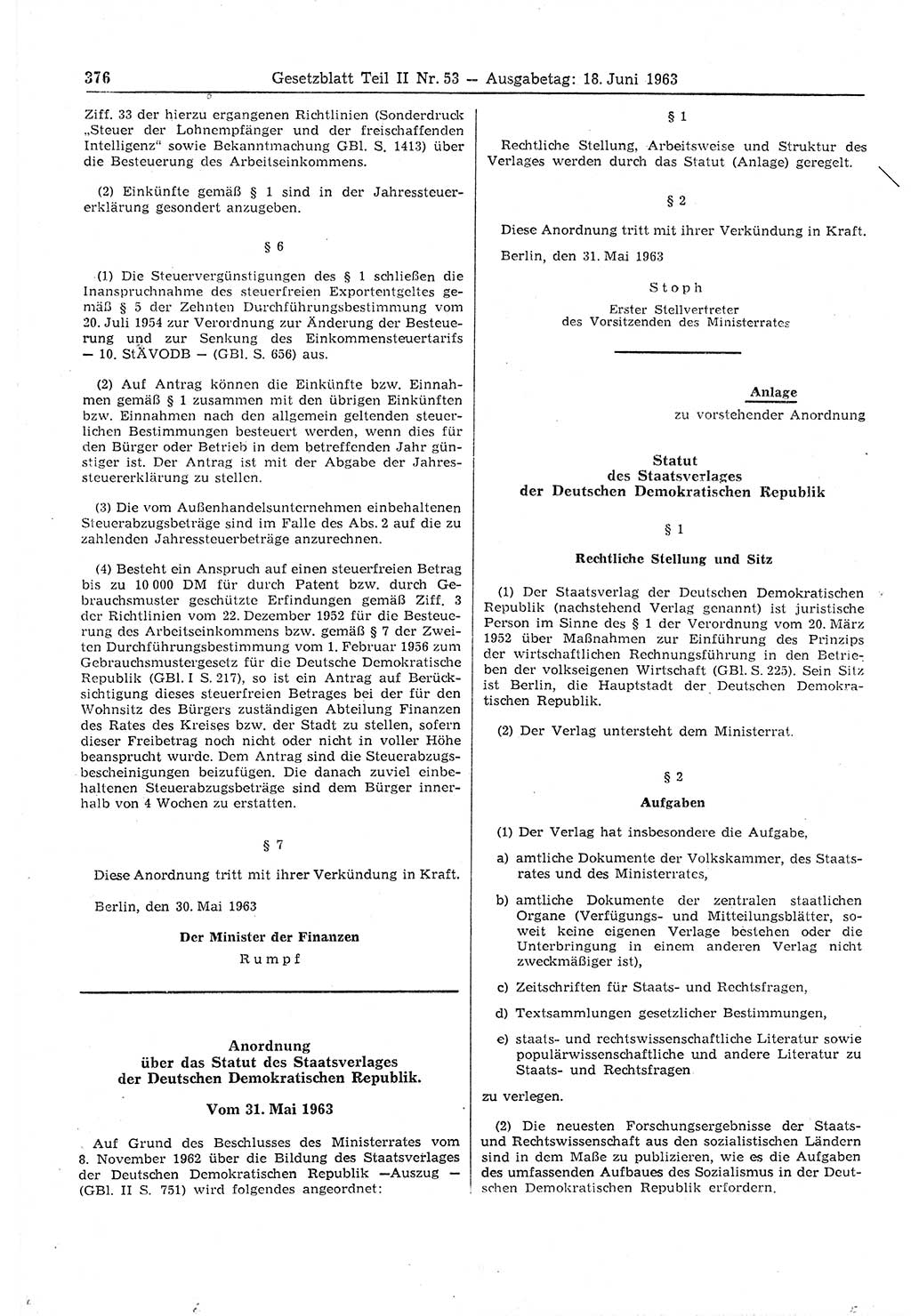 Gesetzblatt (GBl.) der Deutschen Demokratischen Republik (DDR) Teil ⅠⅠ 1963, Seite 376 (GBl. DDR ⅠⅠ 1963, S. 376)