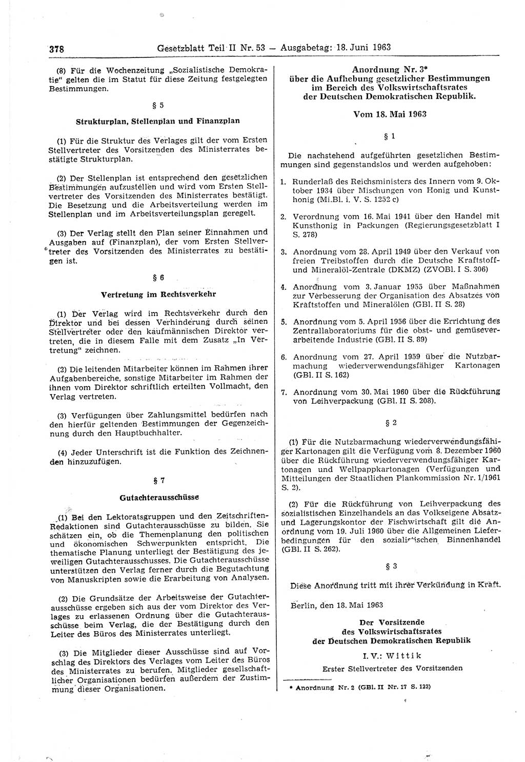 Gesetzblatt (GBl.) der Deutschen Demokratischen Republik (DDR) Teil ⅠⅠ 1963, Seite 378 (GBl. DDR ⅠⅠ 1963, S. 378)