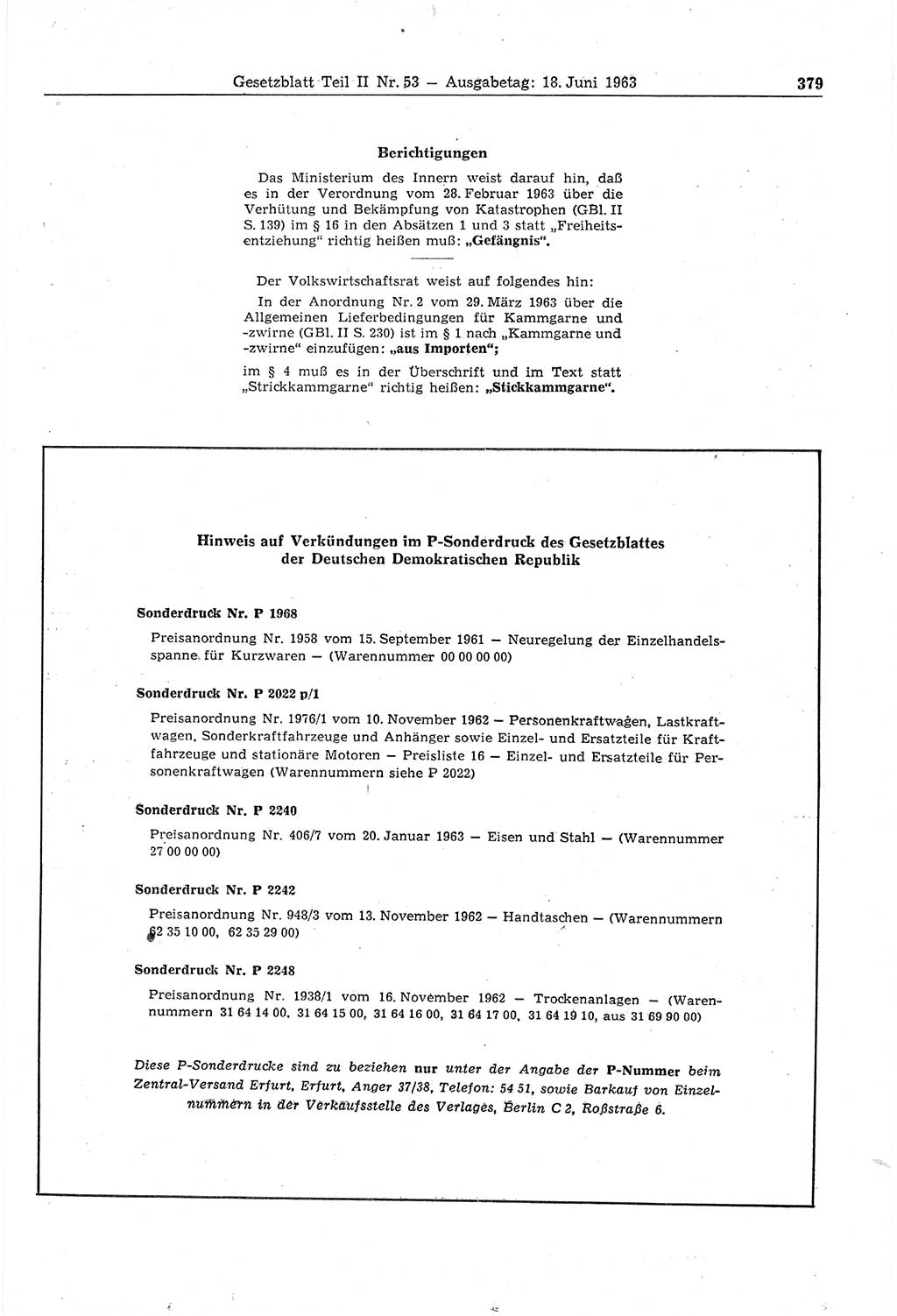 Gesetzblatt (GBl.) der Deutschen Demokratischen Republik (DDR) Teil ⅠⅠ 1963, Seite 379 (GBl. DDR ⅠⅠ 1963, S. 379)