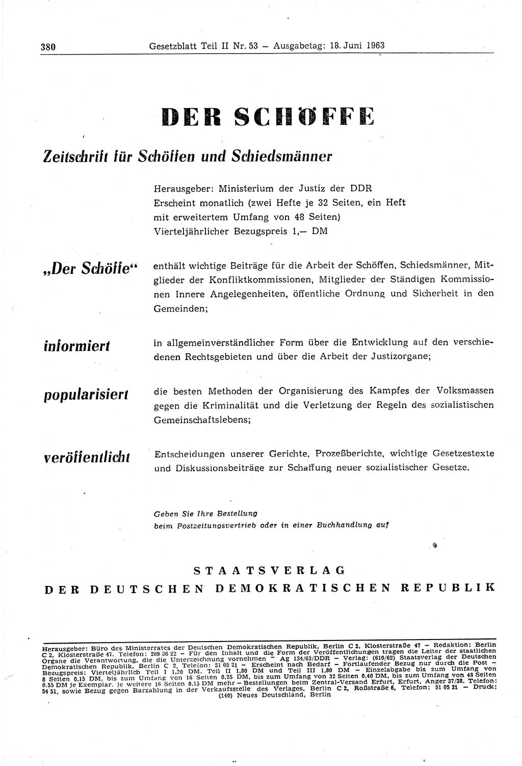 Gesetzblatt (GBl.) der Deutschen Demokratischen Republik (DDR) Teil ⅠⅠ 1963, Seite 380 (GBl. DDR ⅠⅠ 1963, S. 380)