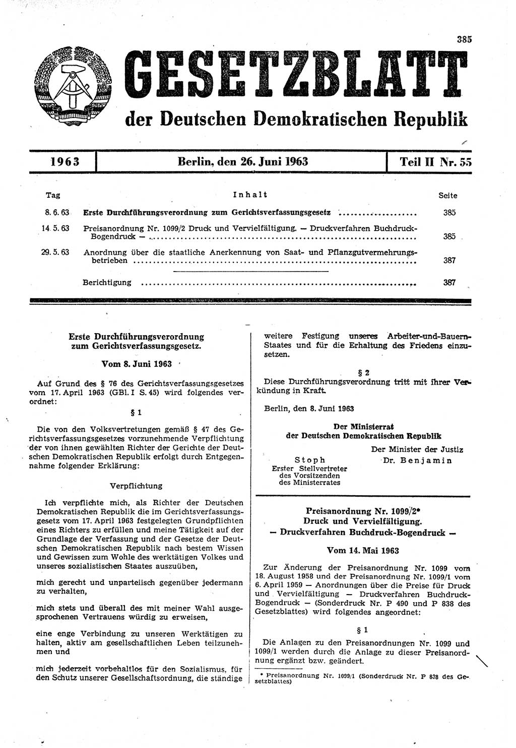 Gesetzblatt (GBl.) der Deutschen Demokratischen Republik (DDR) Teil ⅠⅠ 1963, Seite 385 (GBl. DDR ⅠⅠ 1963, S. 385)
