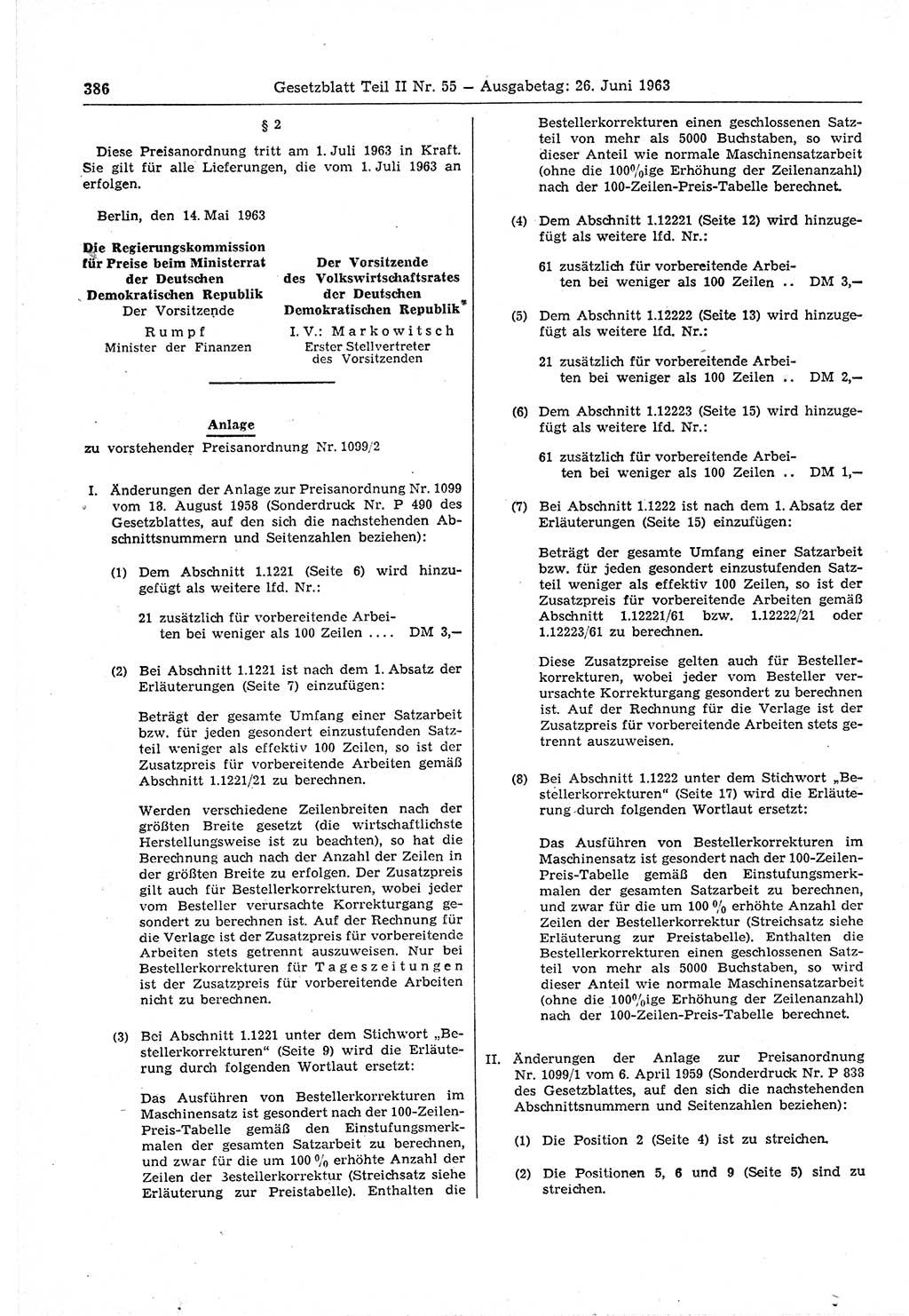 Gesetzblatt (GBl.) der Deutschen Demokratischen Republik (DDR) Teil ⅠⅠ 1963, Seite 386 (GBl. DDR ⅠⅠ 1963, S. 386)