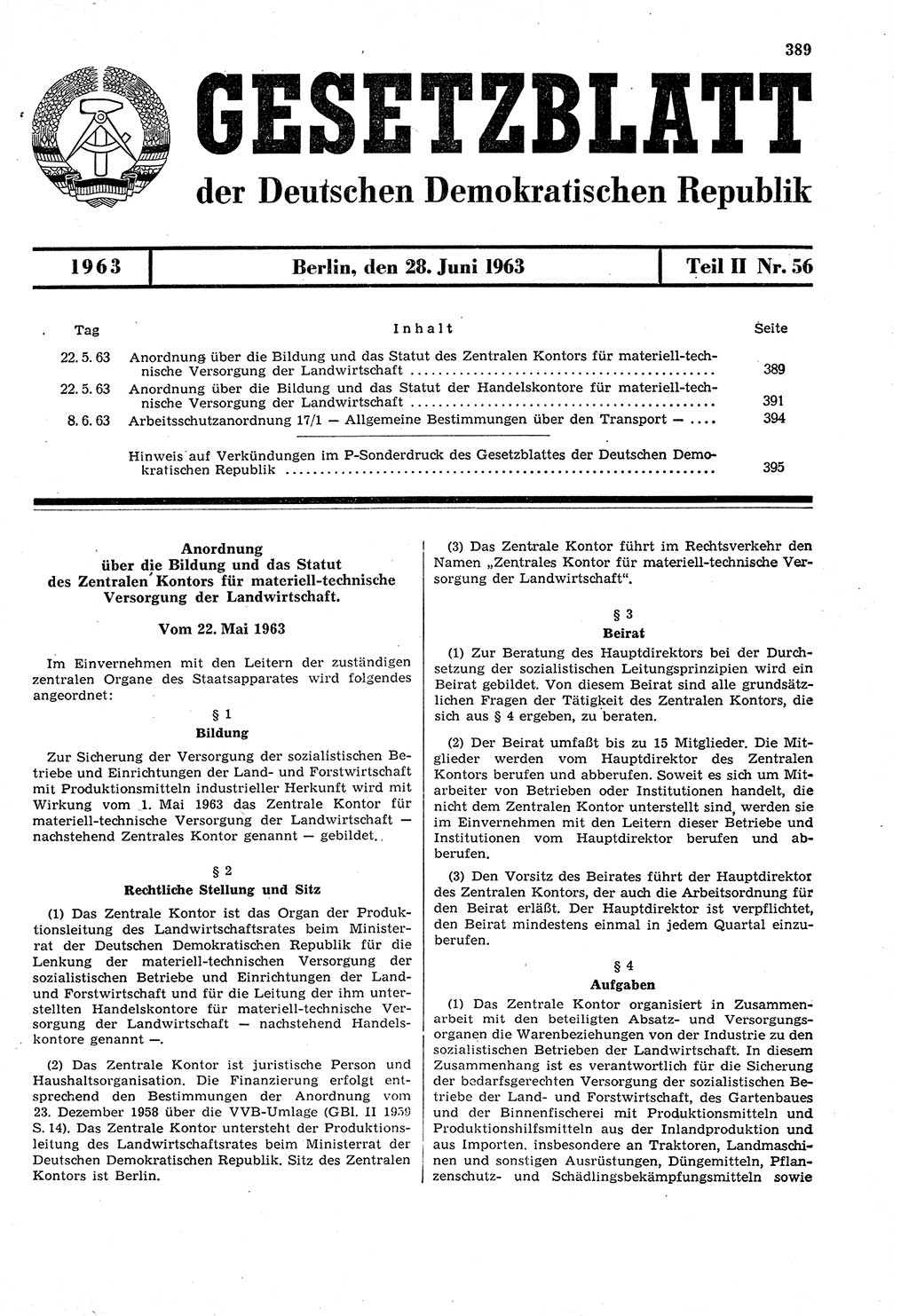 Gesetzblatt (GBl.) der Deutschen Demokratischen Republik (DDR) Teil ⅠⅠ 1963, Seite 389 (GBl. DDR ⅠⅠ 1963, S. 389)