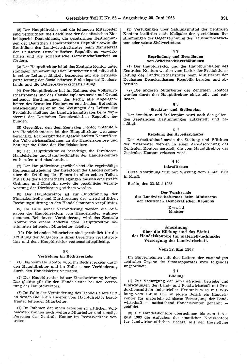 Gesetzblatt (GBl.) der Deutschen Demokratischen Republik (DDR) Teil ⅠⅠ 1963, Seite 391 (GBl. DDR ⅠⅠ 1963, S. 391)