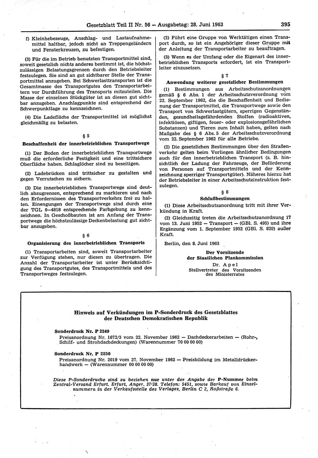 Gesetzblatt (GBl.) der Deutschen Demokratischen Republik (DDR) Teil ⅠⅠ 1963, Seite 395 (GBl. DDR ⅠⅠ 1963, S. 395)