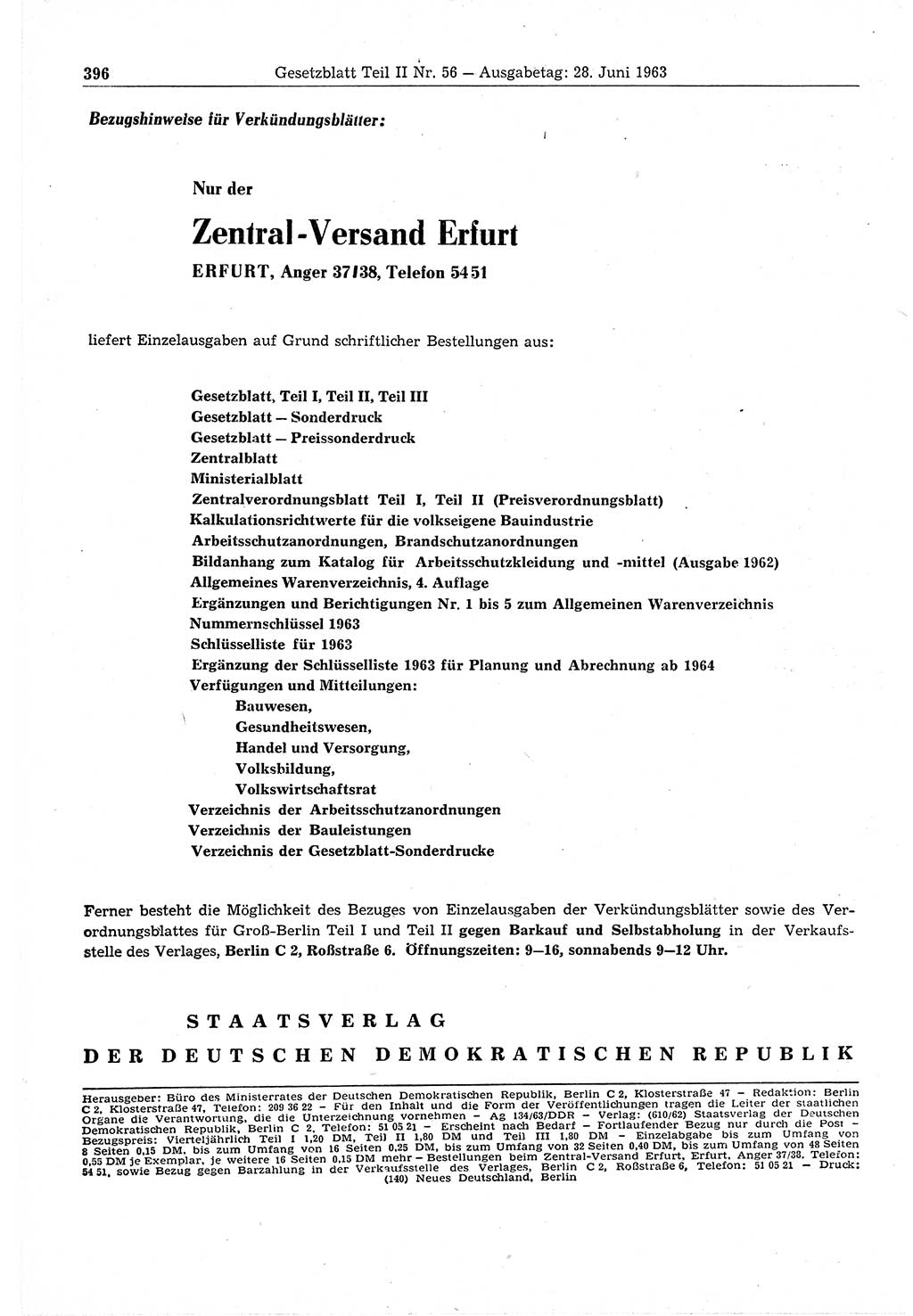 Gesetzblatt (GBl.) der Deutschen Demokratischen Republik (DDR) Teil ⅠⅠ 1963, Seite 396 (GBl. DDR ⅠⅠ 1963, S. 396)