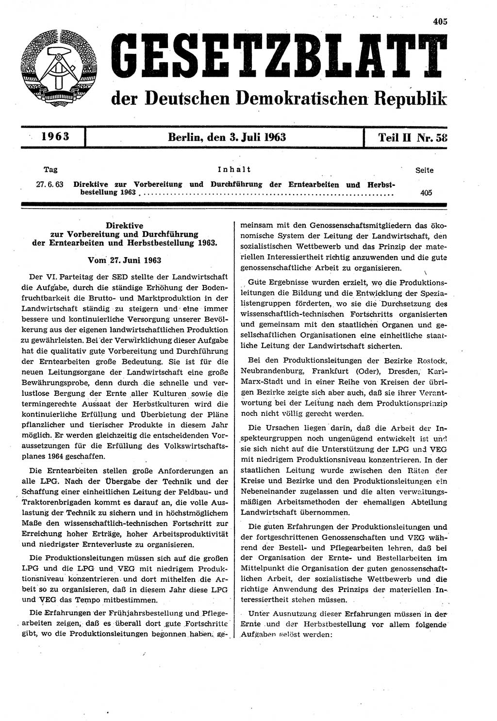 Gesetzblatt (GBl.) der Deutschen Demokratischen Republik (DDR) Teil ⅠⅠ 1963, Seite 405 (GBl. DDR ⅠⅠ 1963, S. 405)