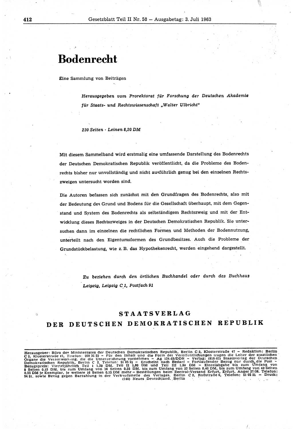 Gesetzblatt (GBl.) der Deutschen Demokratischen Republik (DDR) Teil ⅠⅠ 1963, Seite 412 (GBl. DDR ⅠⅠ 1963, S. 412)